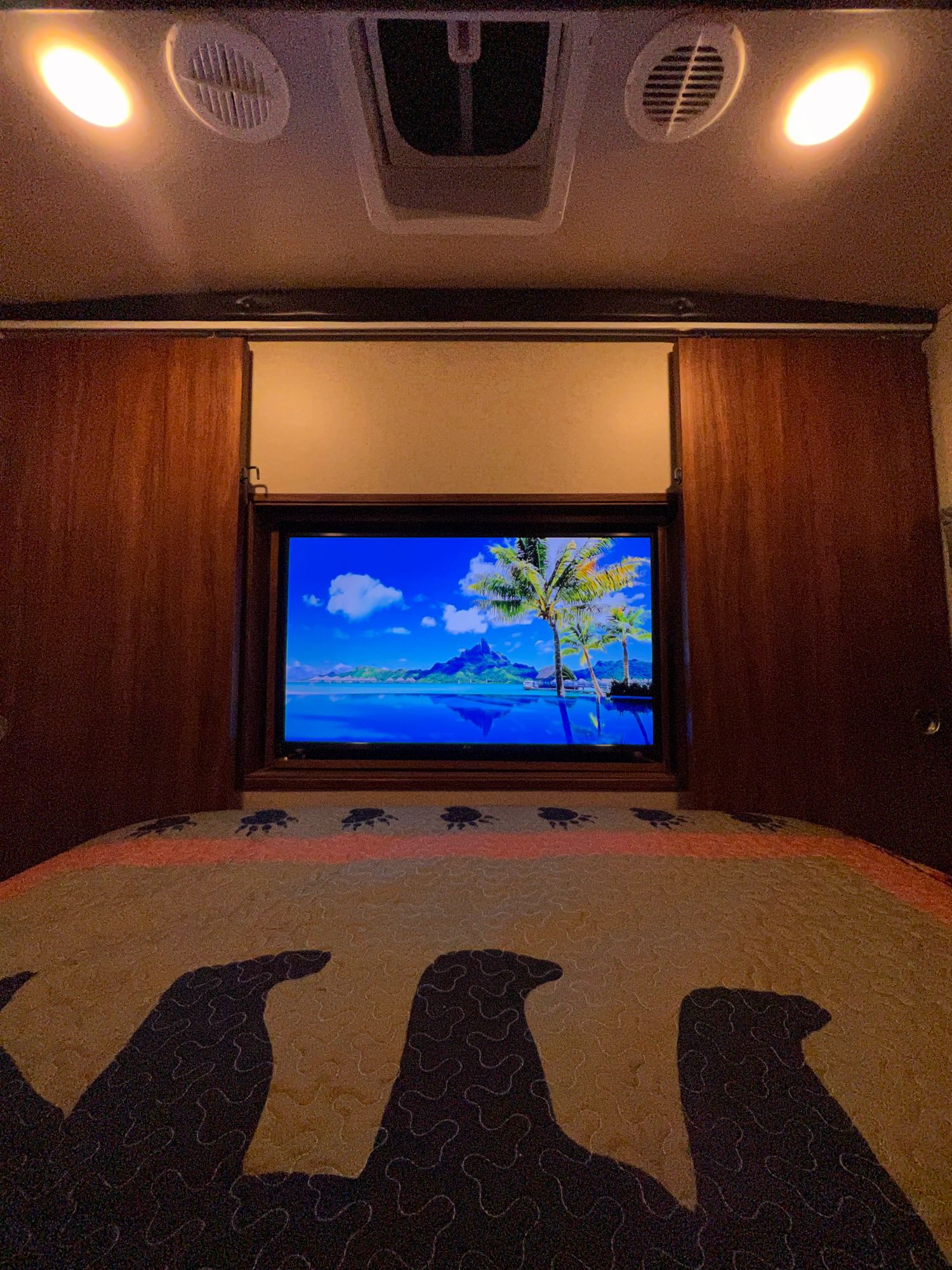 Cozy RV rental bedroom featuring a recessed TV with a tropical scene and a bear-patterned quilt.. Heartland RVs Mallard 2018