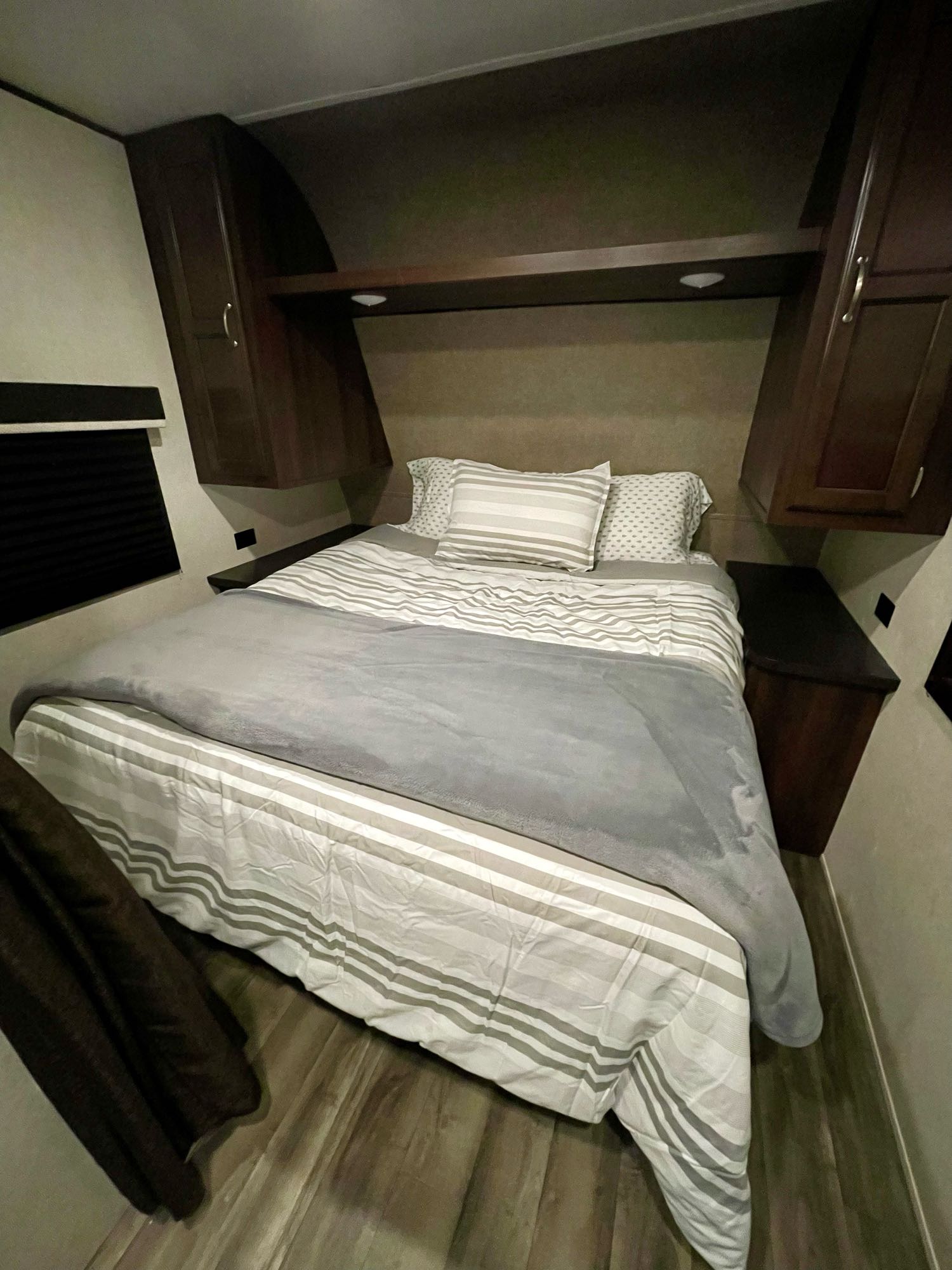 Walk around Queen bed with underneath storage, two closets and privacy curtain.. Jayco Jay Flight SLX Rocky Mountain Edition 2018