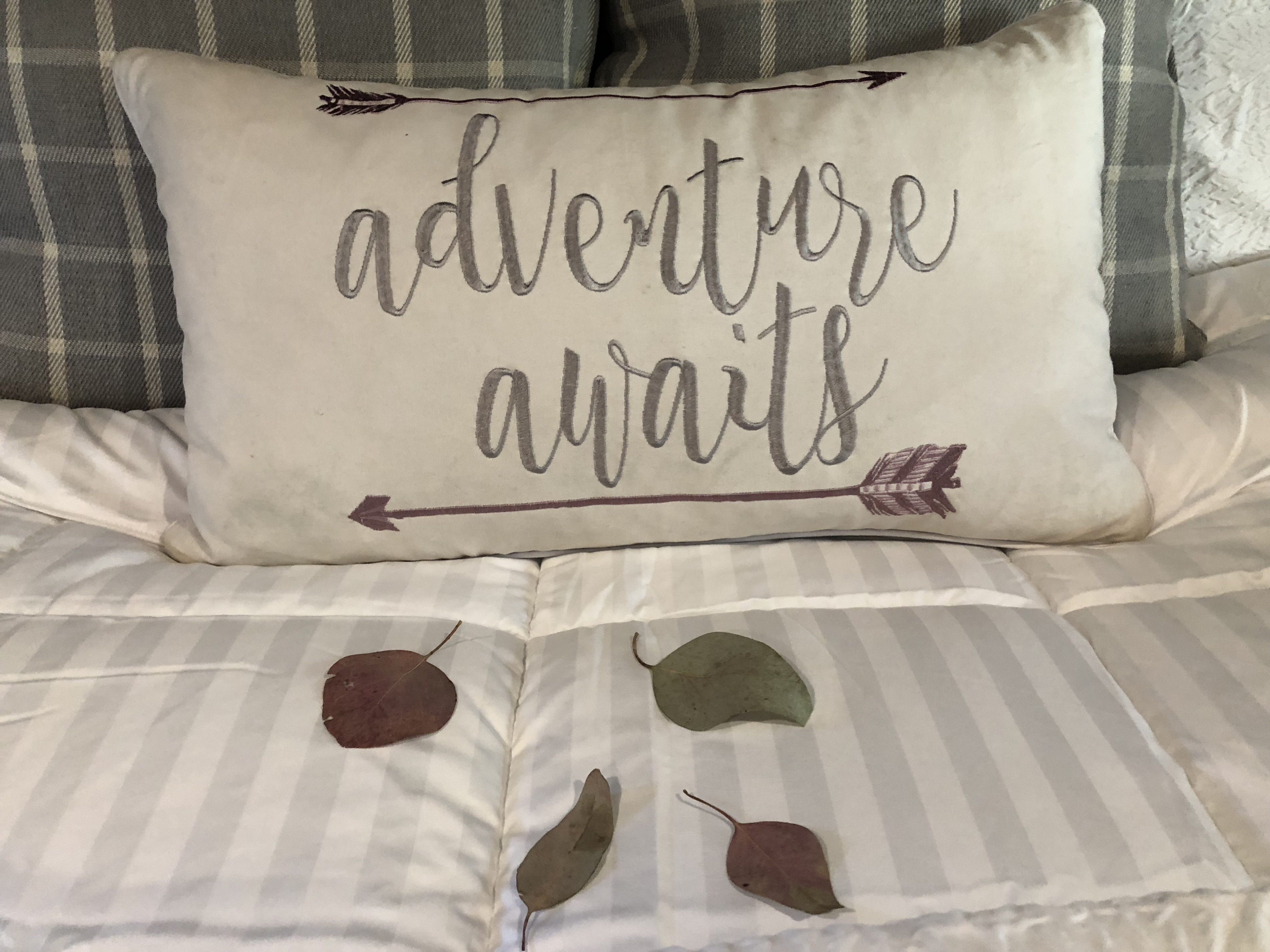 "Adventure awaits" pillow, plaid blanket, and dried leaves on a comfy bed. Get cozy for your next RV rental trip!. Grand Design Imagine 2017