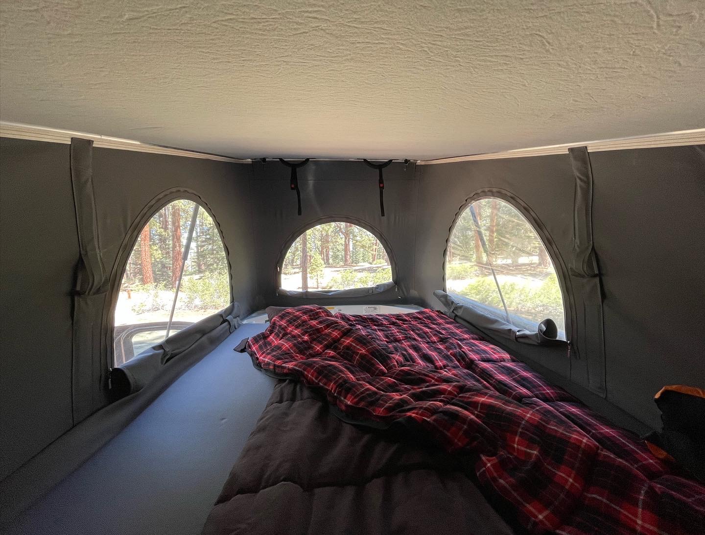 Inside an RV rental's rooftop tent: a cozy bed with a plaid blanket and arched windows offering scenic forest views. Ideal for camping.. Mercedes-Benz Metris Weekender 2021
