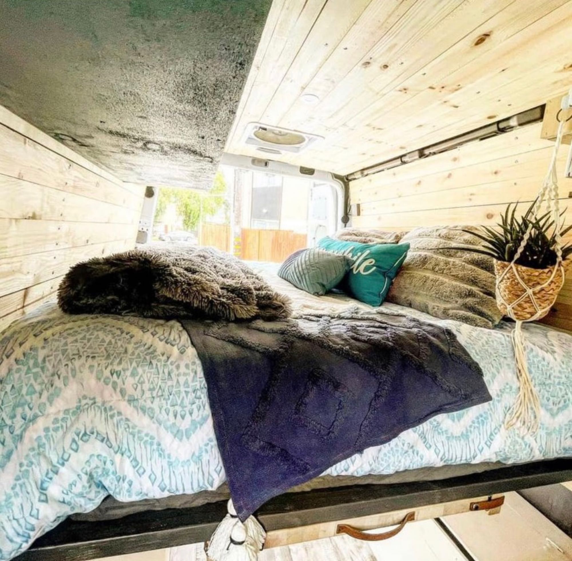 Cozy camper van interior with a plush bed, wooden walls, and a hanging plant. Perfect for an RV rental getaway.. Freightliner Sprinter 2010