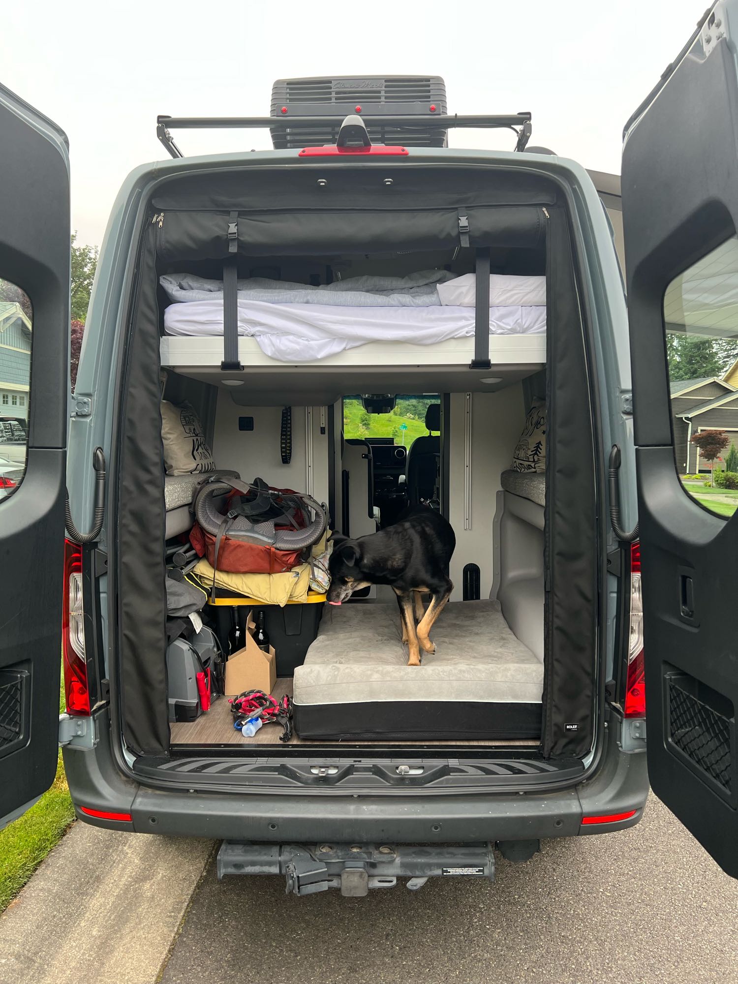 Inside an RV rental, a bunk bed setup and storage are visible as a dog exits the spacious camper van.. Winnebago Revel 2020