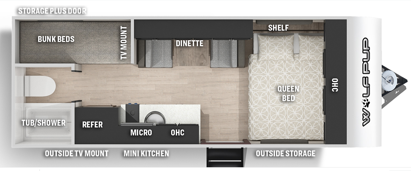 RV rental interior floor plan: See bunk beds, queen bed, dinette, kitchen, and bath amenities in this travel trailer.. Forest River Cherokee Wolf Pup 2021