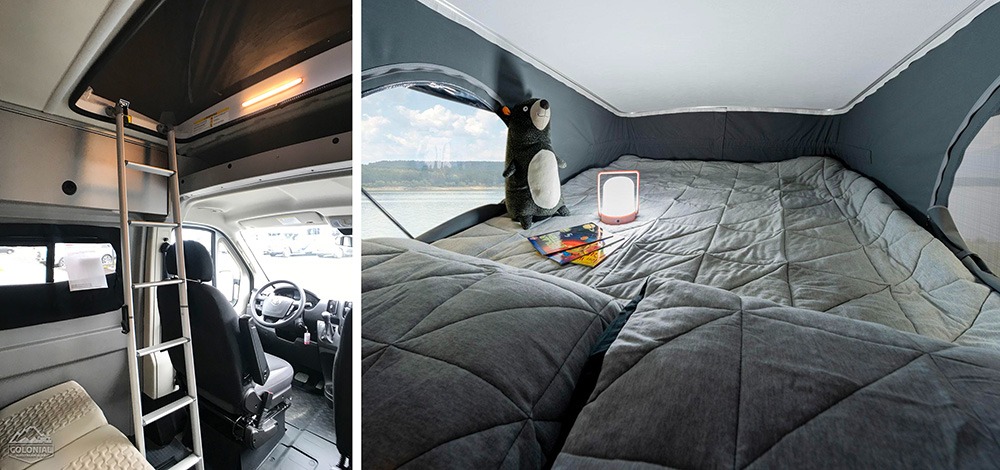 RV rental interior: A ladder ascends to a cozy pop-top bed with a quilted comforter & lake view, connecting to the driver's cabin below.. Winnebago Winnebago 2023