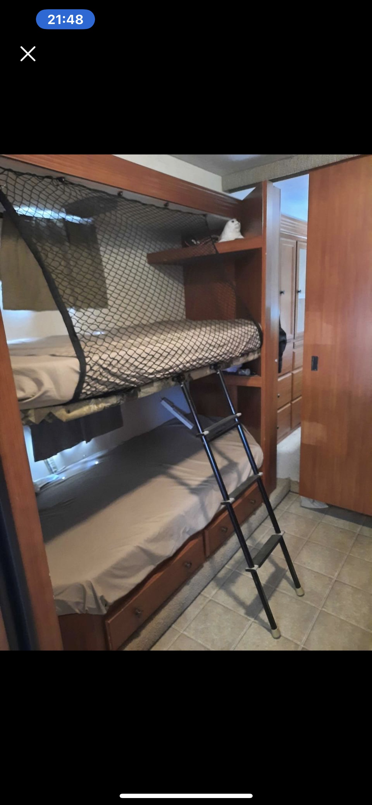 An RV rental's interior with bunk beds, including a safety net for the top bunk and a ladder.. Jamboree Sport 2010
