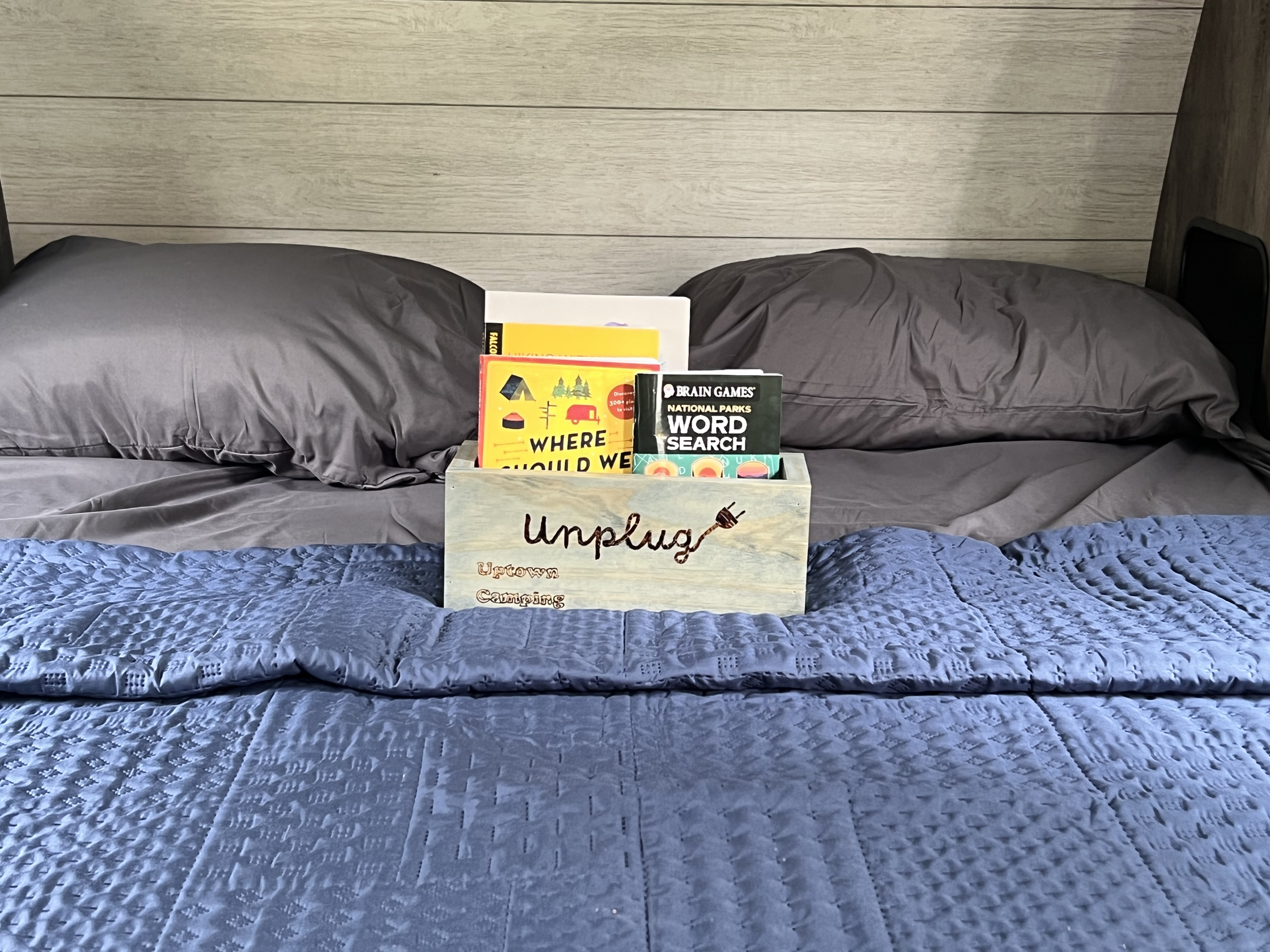 Unplug and enjoy your RV rental! Cozy bed with a box of games like "Where Should We" and "National Parks Word Search" for camping fun.. Forest River Salem Cruise Lite 2021