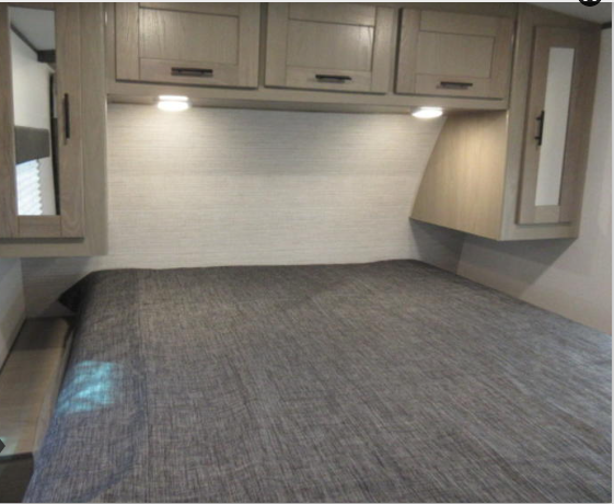Inside an RV rental: a well-appointed bedroom with a bed, overhead cabinets, and task lighting for comfortable travel.. Cruiser RV Shadow Cruiser 2022