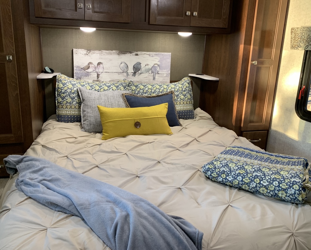 Comfortable RV rental bedroom featuring a bed with decorative pillows, cabinet storage, and artistic bird painting.. Forester LE 2020