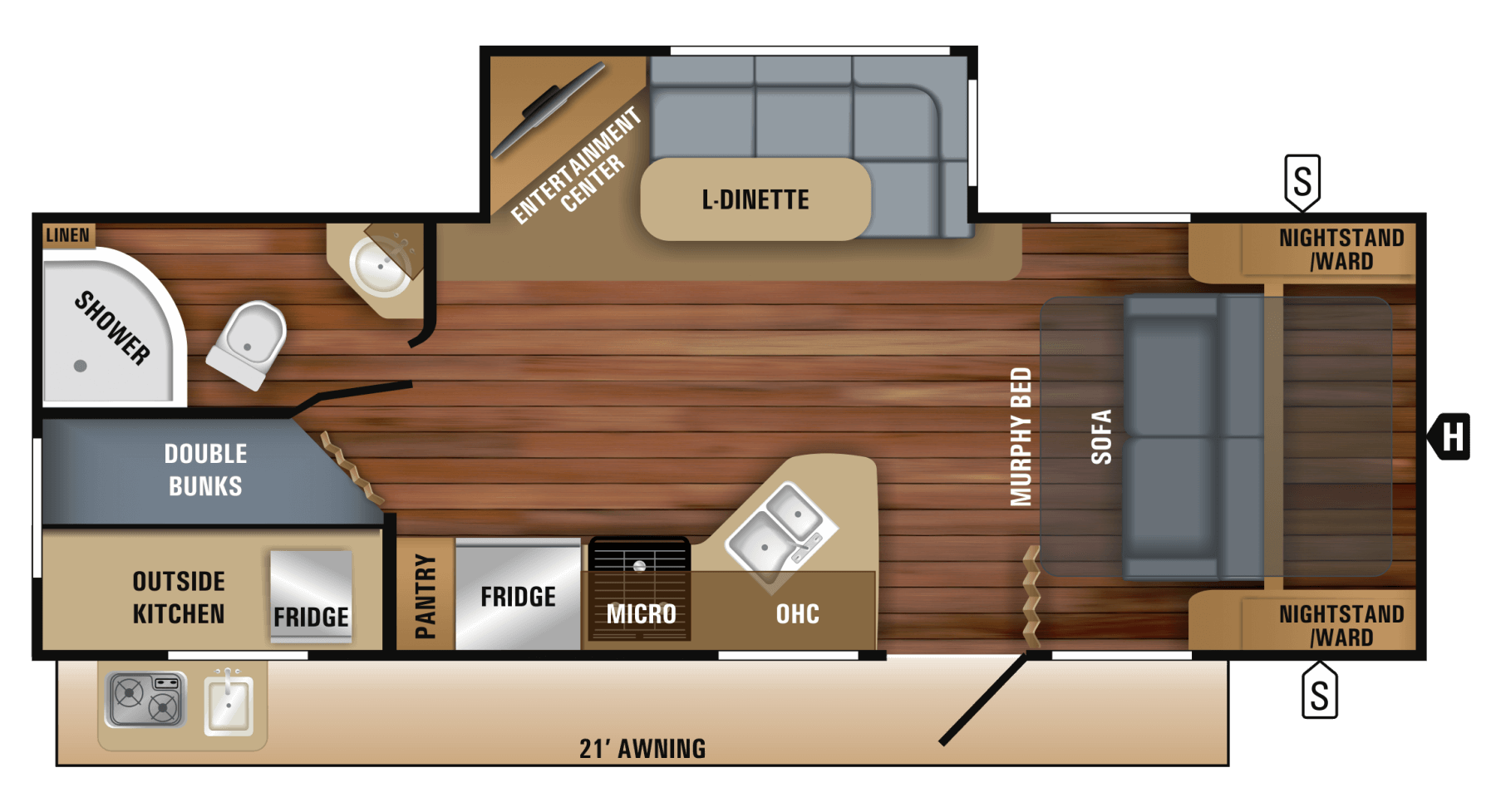 RV rental floor plan: detailed interior layout with L-dinette, bunks, kitchen, shower, and Murphy bed.. Jayco White Hawk 2018