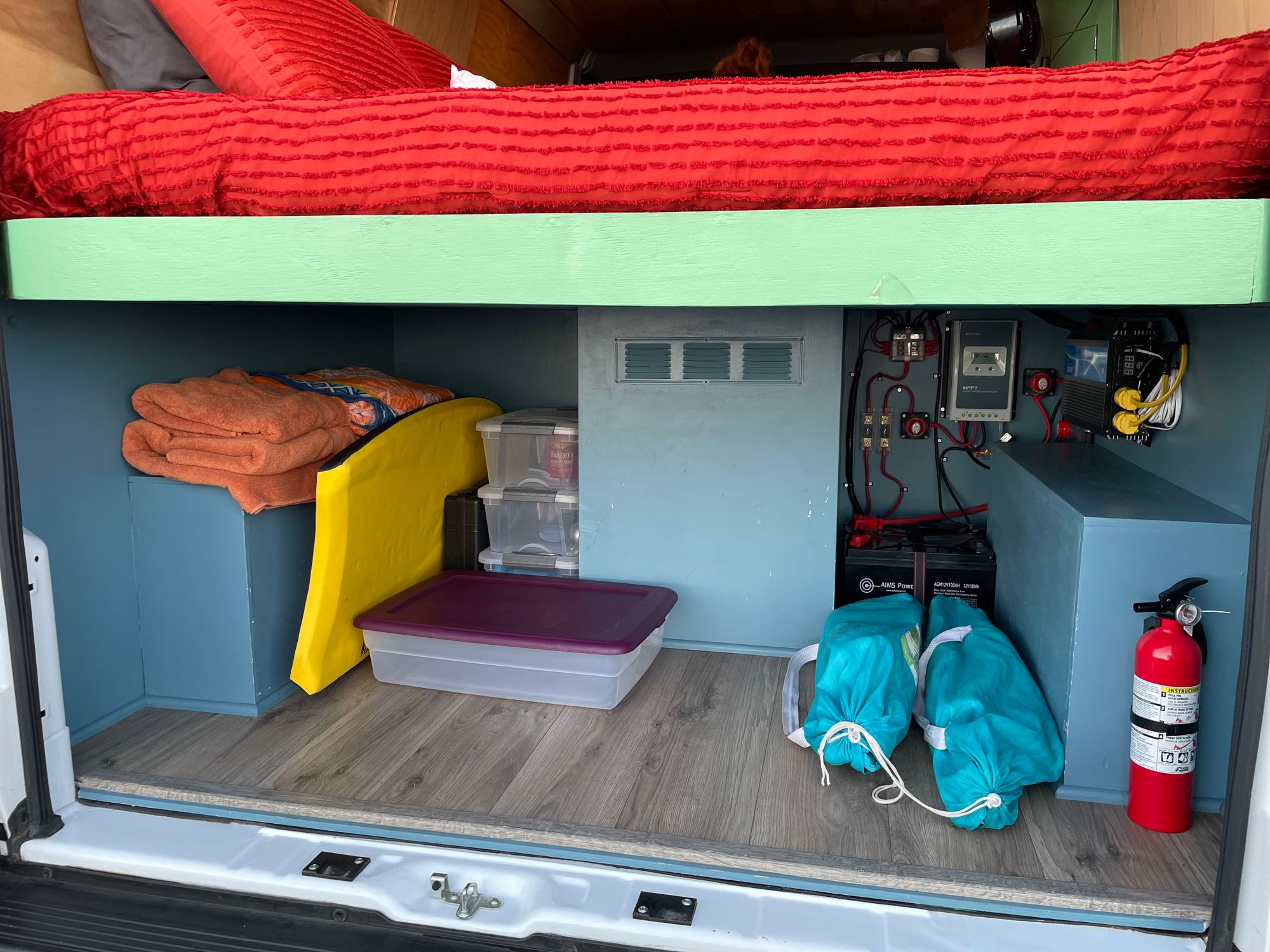 Inside this RV rental, discover smart storage under an elevated bed, a complete electrical system, and safety equipment.. Dodge Ram Promaster 1500 2021