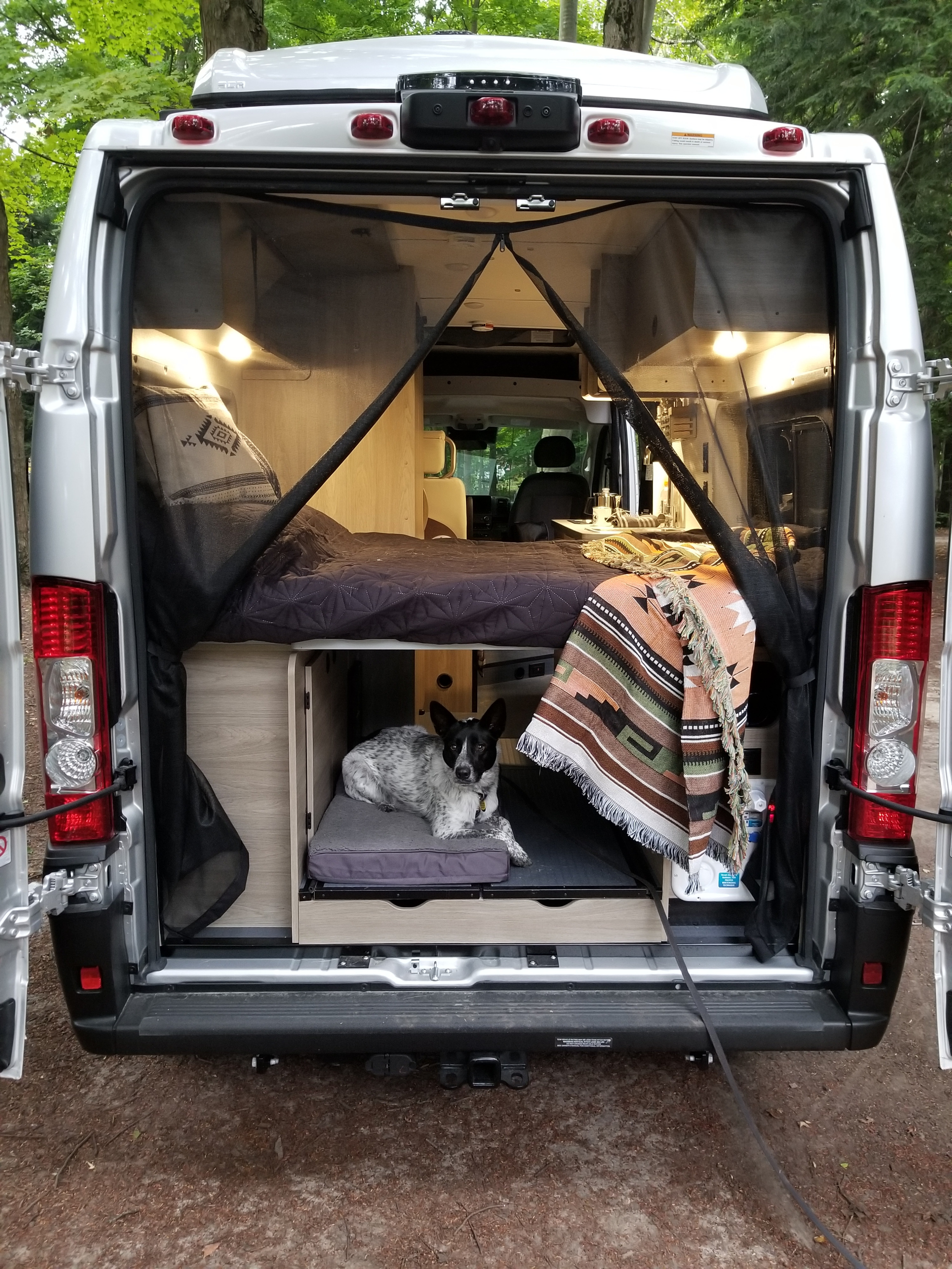 Open back of an RV rental revealing a comfortable bed and a dog resting in its cozy bunk, ideal for mobile adventures.. Winnebago Solis 2022
