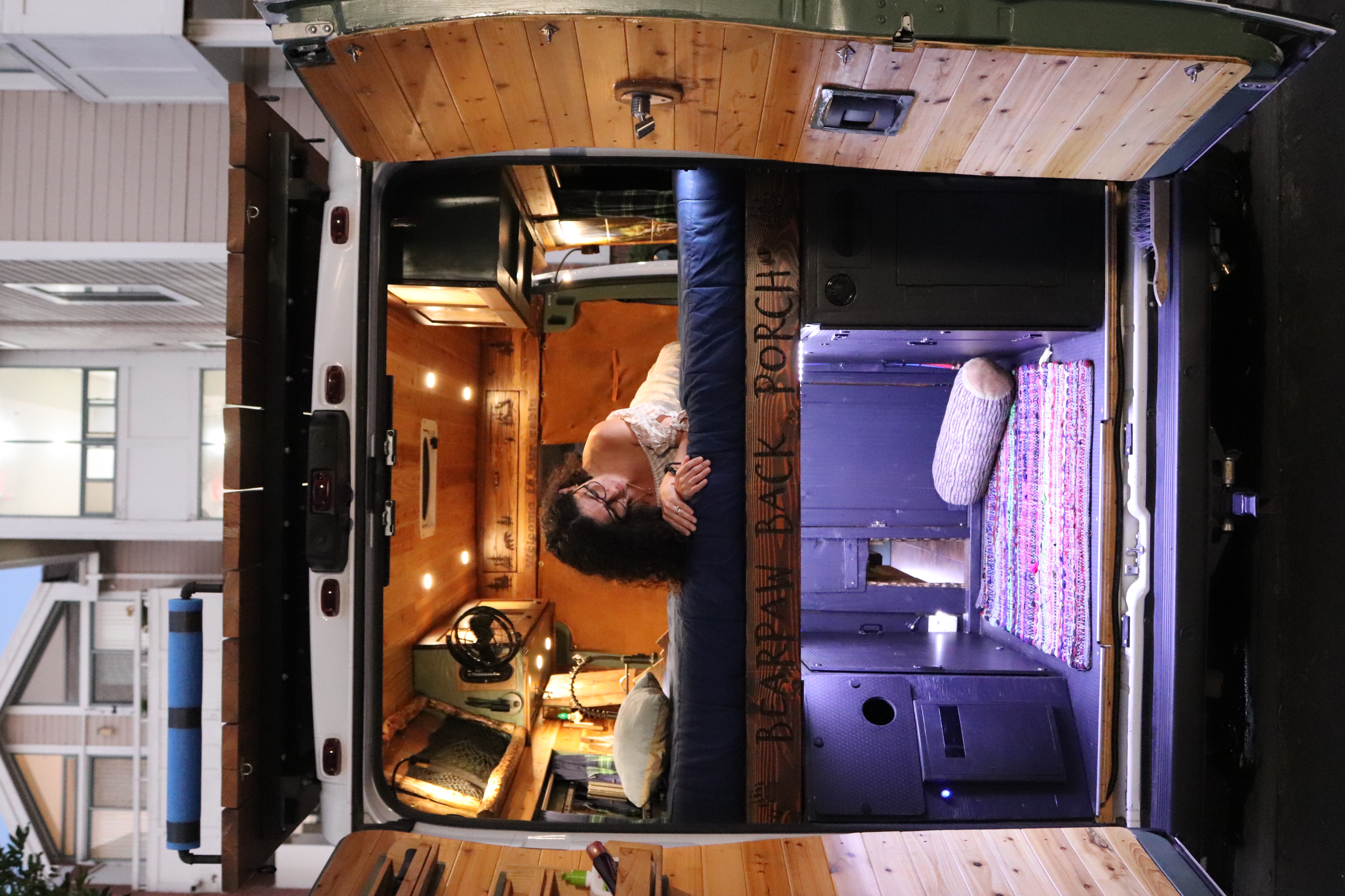 View inside an RV rental: a cozy, custom-built. Dodge Ram Promaster 2500 2020