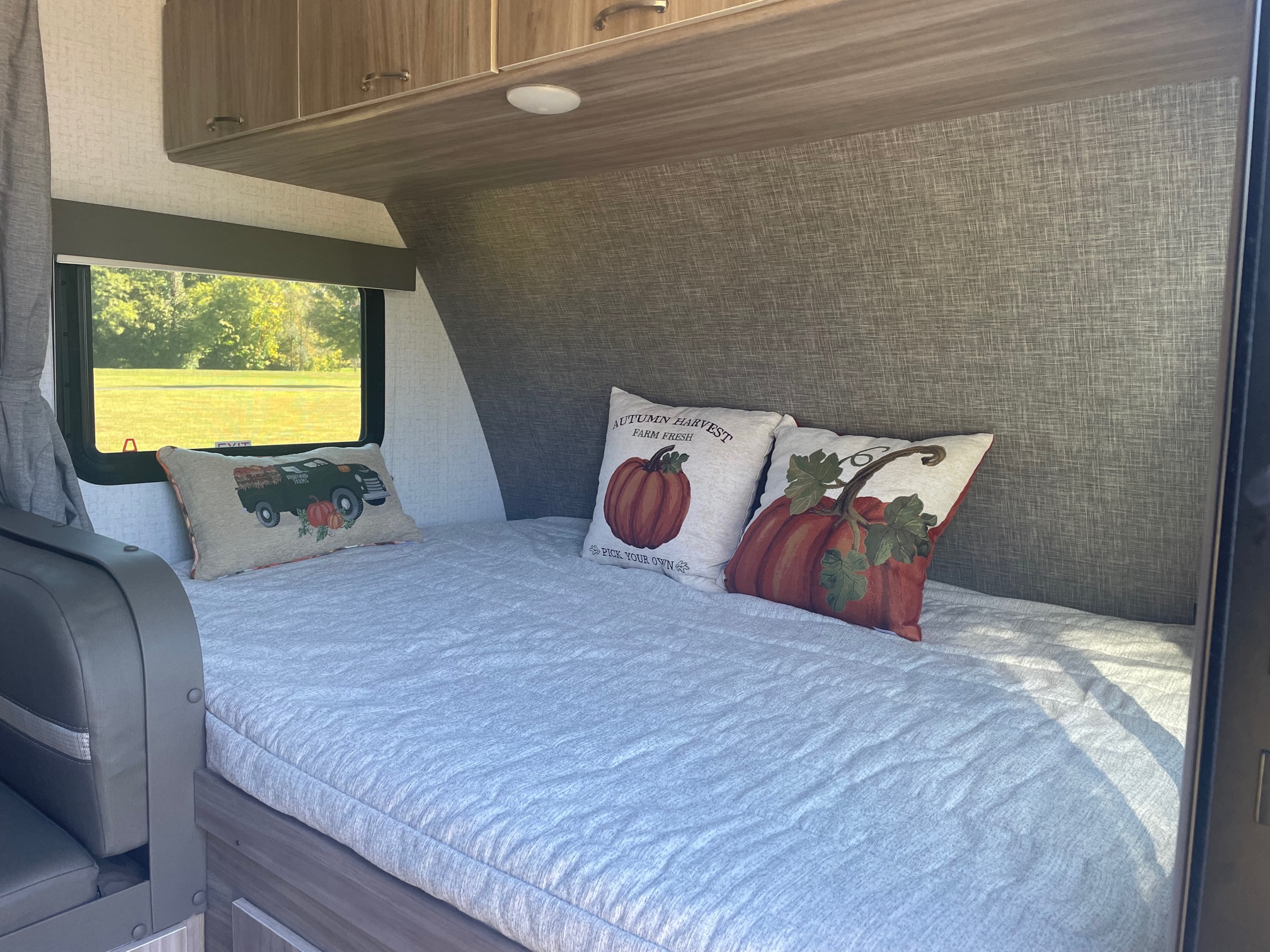 An RV rental's cozy bedroom, featuring a comfortable bed with autumn harvest pumpkin pillows and overhead storage.. Winnebago Micro Minnie 2022