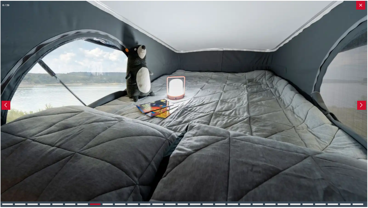 RV rental's cozy pop-top bed: plush toy, books, lantern, and a scenic lake view make this camper a perfect escape.. Winnebago Solis 59P 2023