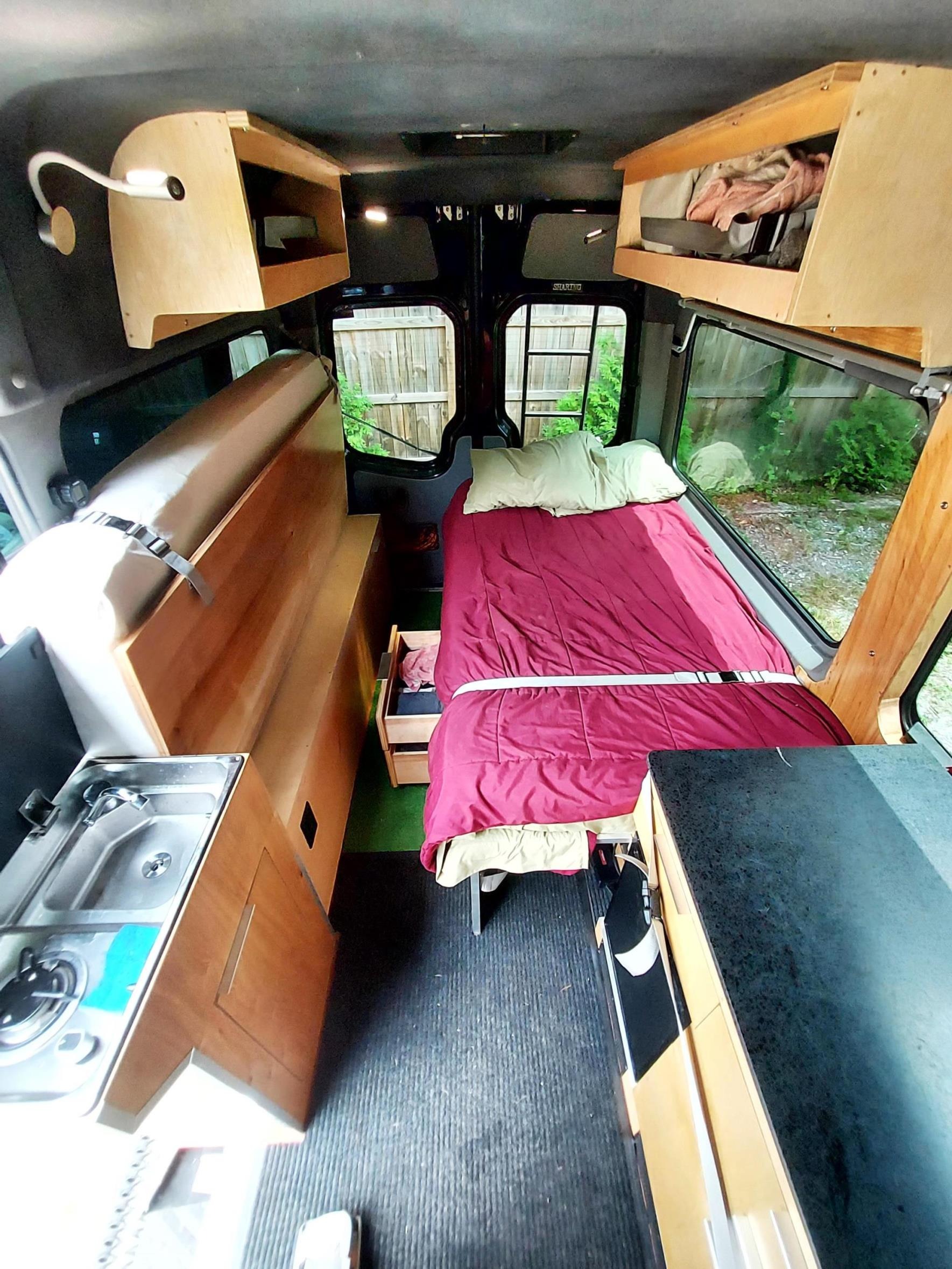 Combo stove and sink, Twin to Queen Bed, Birch Cabinets. Mercedes-Benz Sprinter RV Motorhome Campervan 2016
