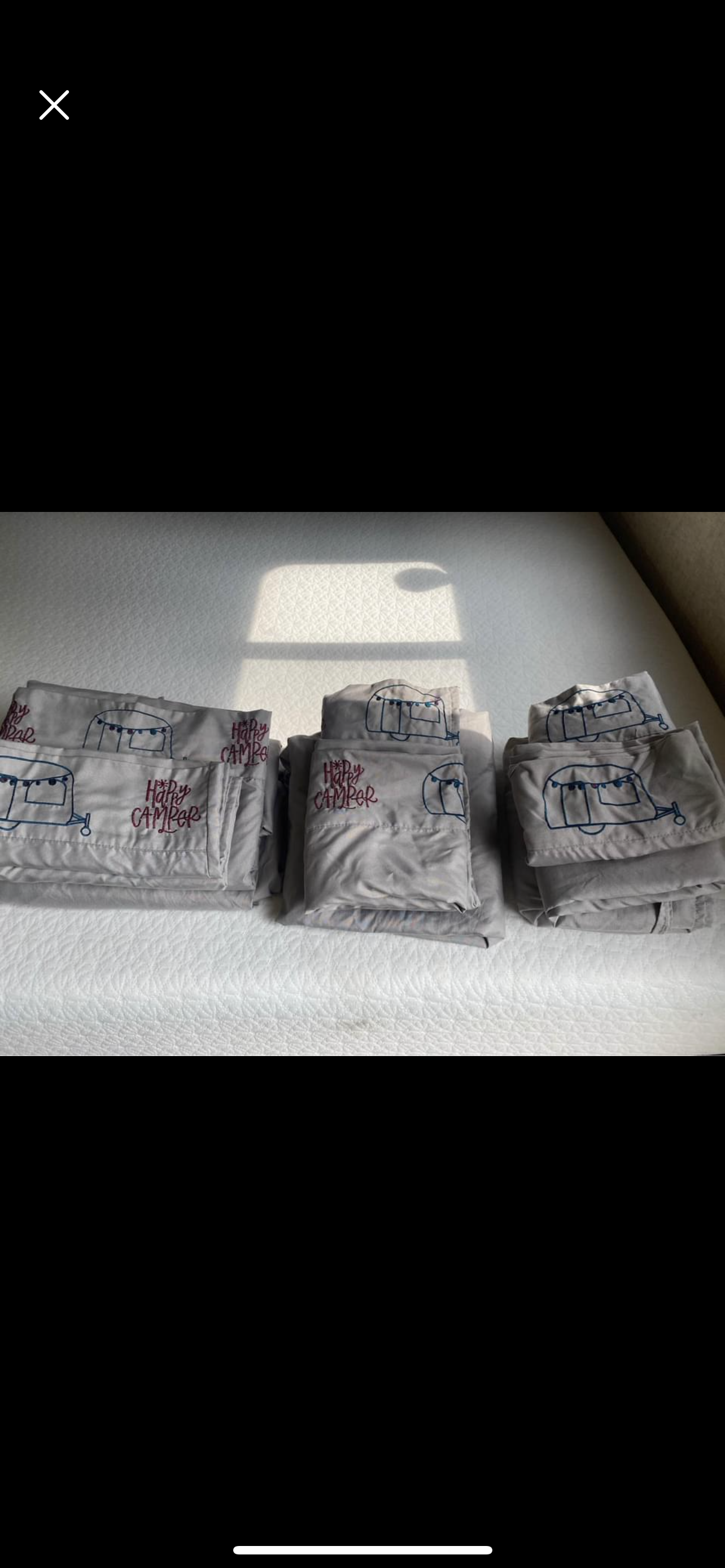 Gray 'Happy Camper' RV rental bedding sets, featuring RV illustrations, neatly stacked for your travels.. Forest River Cherokee Wolf Pup 2016