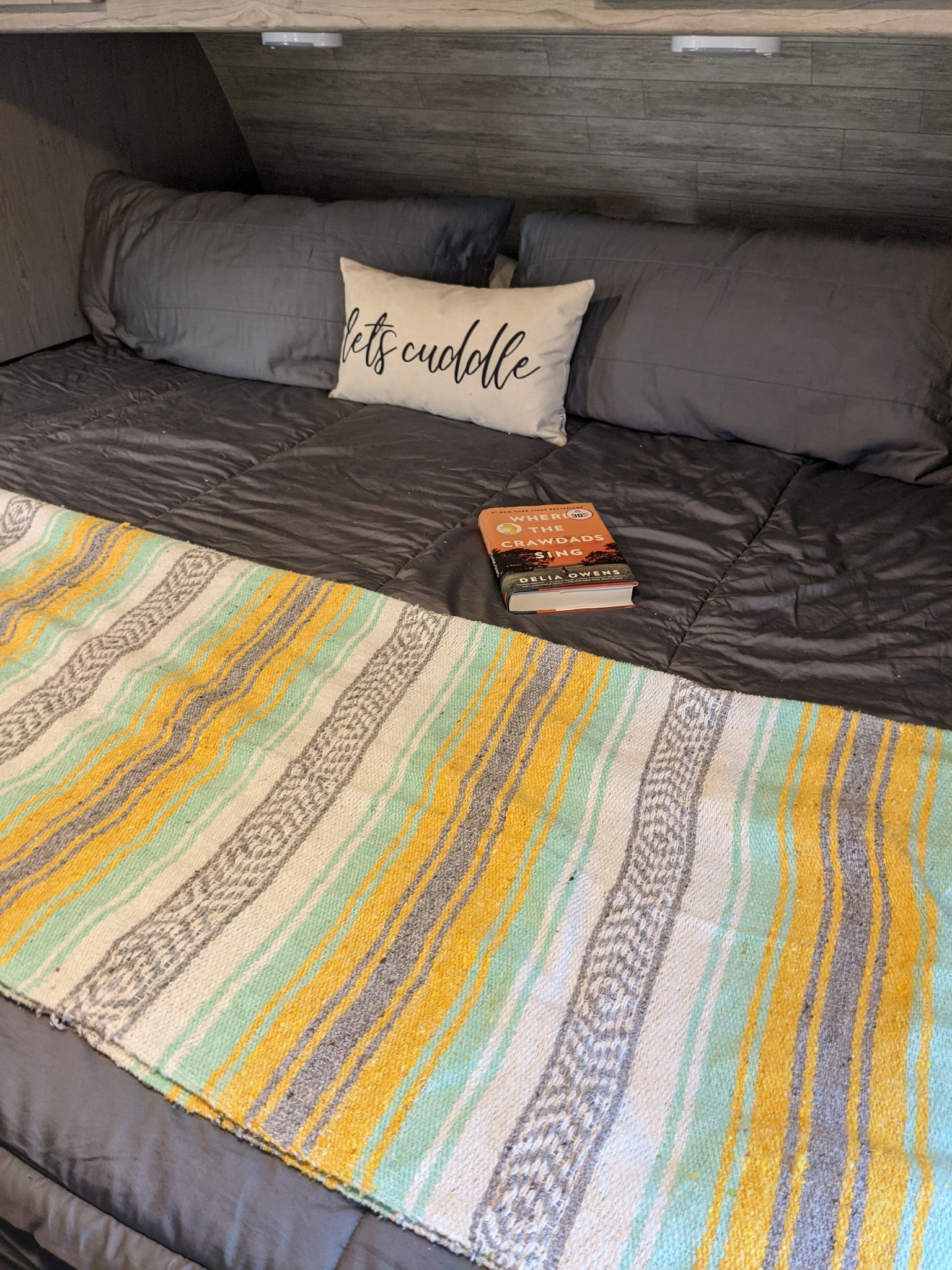 Cozy RV rental bed with grey bedding, a "lets cuddle" pillow, a vibrant striped blanket, and books ready for reading.. Heartland RVs North Trail 2021