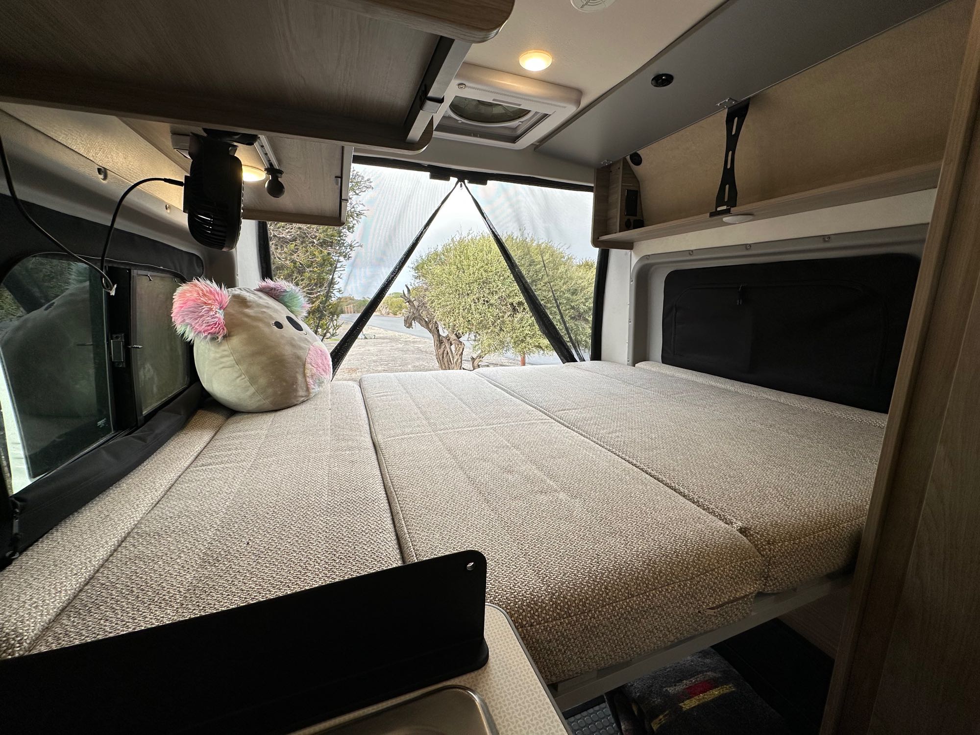 Relaxing RV rental interior with a spacious bed, plush toy, and rear window view. Perfect for camper van adventures.. Winnebago Solis 2022