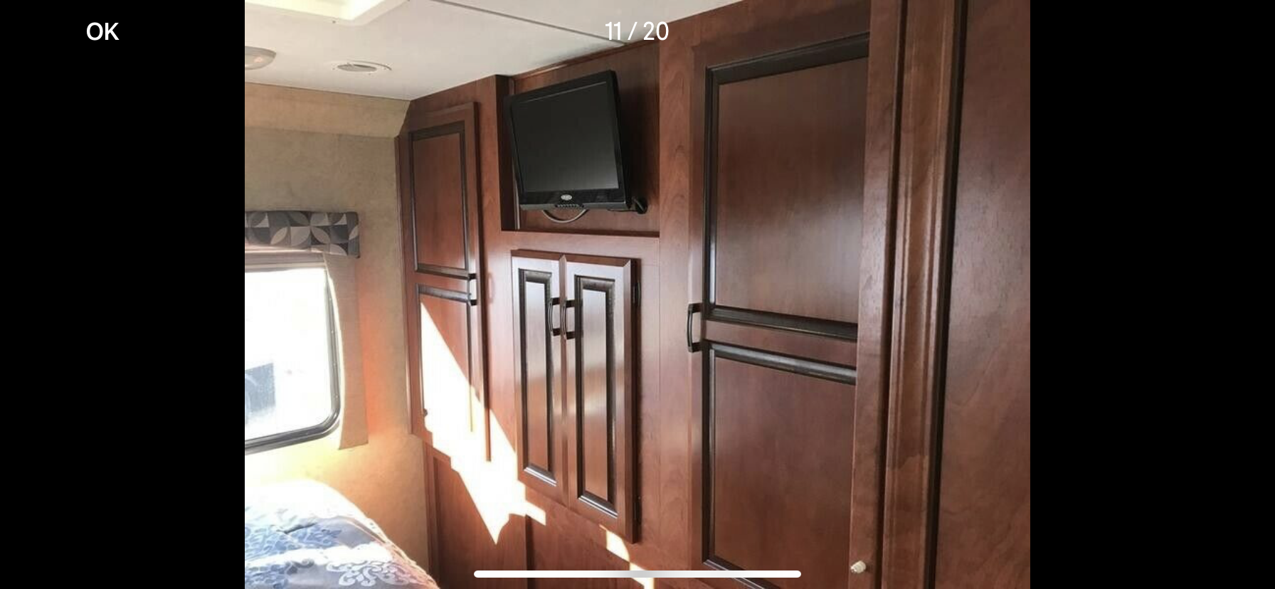 Sunny RV rental interior: wood cabinets, mounted TV, and window view from the bed. Great for road trips.. Forest River Sunseeker 2014