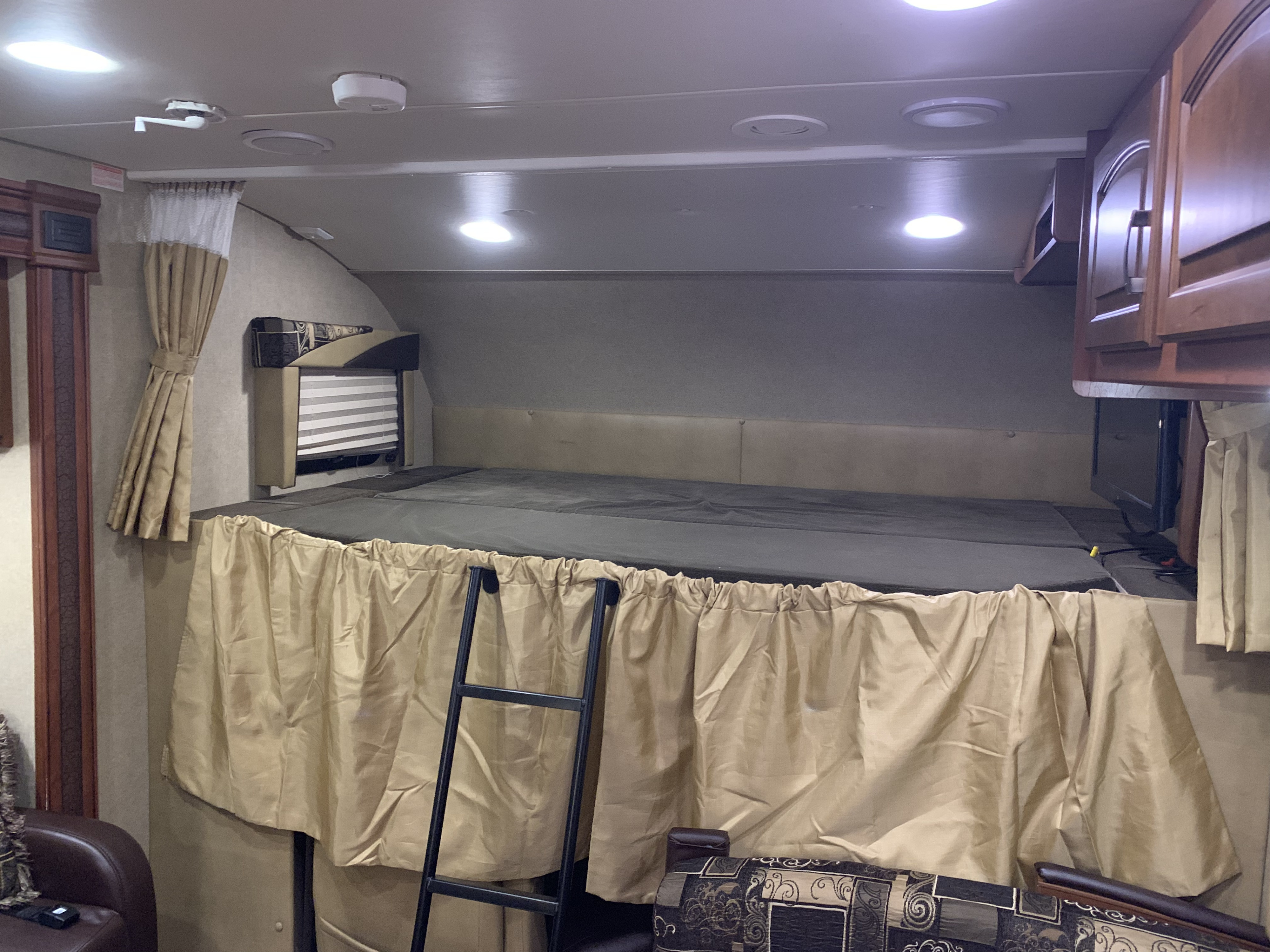 Cozy RV rental sleeping area featuring an overhead bunk bed with a ladder, privacy curtain, and bright interior lighting.. Jayco Greyhawk 2014