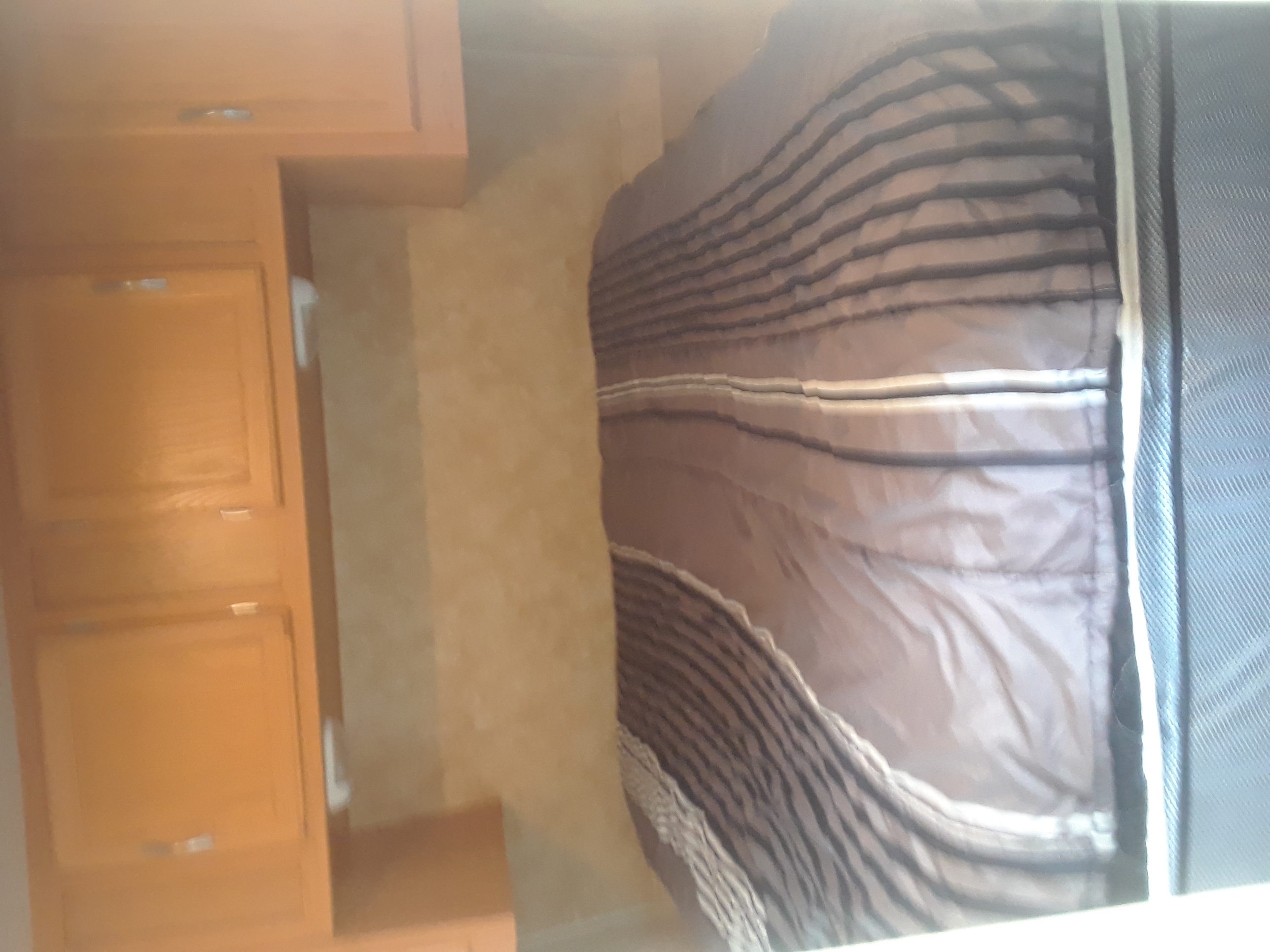 Cozy RV rental bedroom with a striped bedspread, overhead wooden cabinets, and a reading light.. Coachmen Other 2006