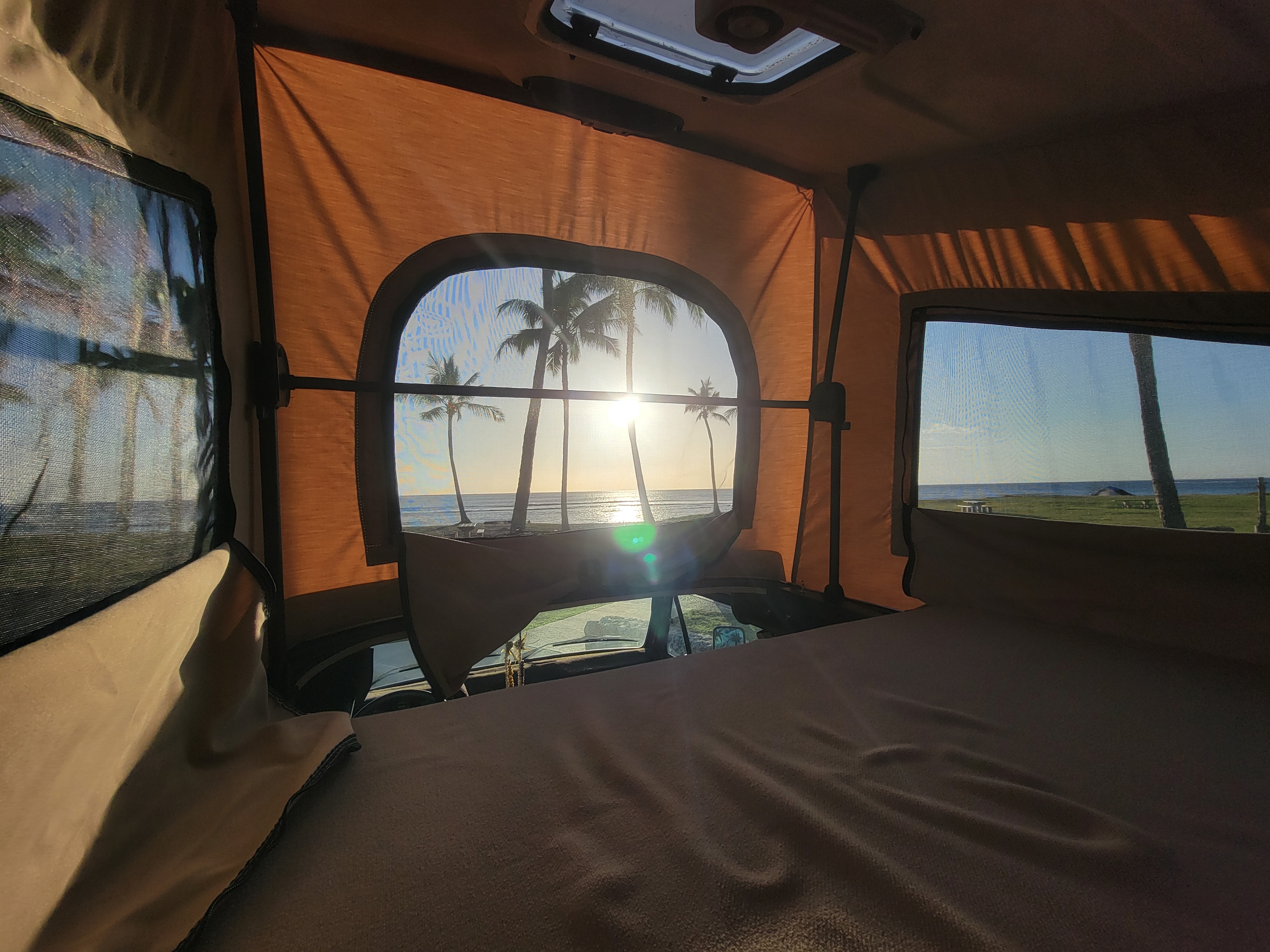 RV rental: serene beach with palm trees, ocean, and warm sun visible through mesh windows from a cozy camper bed.. Volkswagen T2 Westfalia 1985