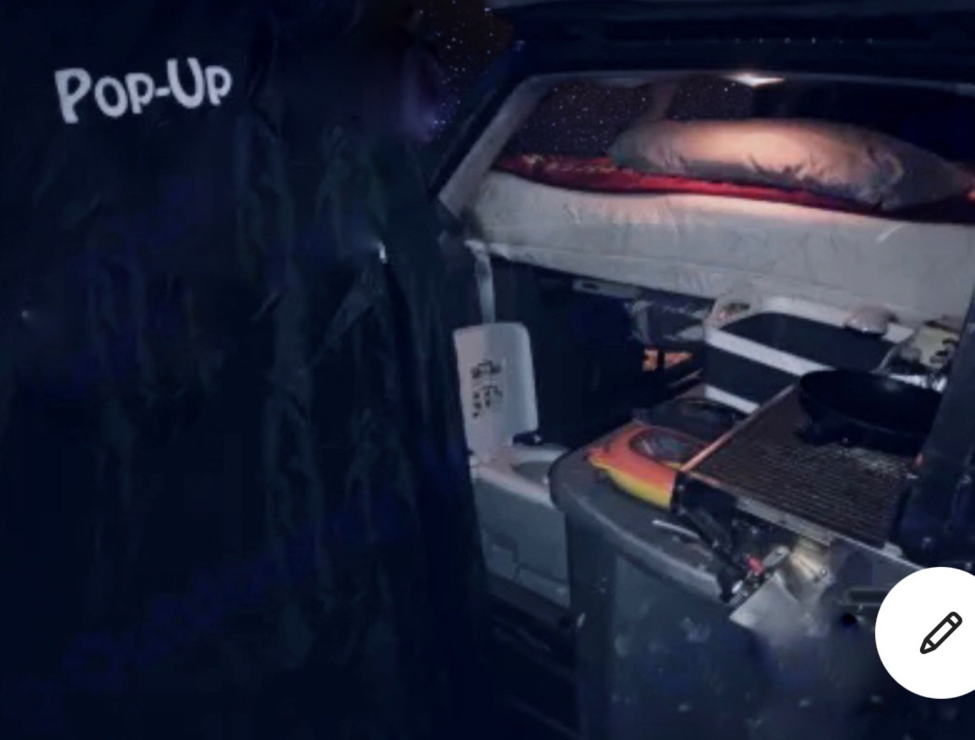 Cozy Pop-Up RV rental interior: bed, kitchenette, and starry ceiling for compact living.. Odyssey Other 2008