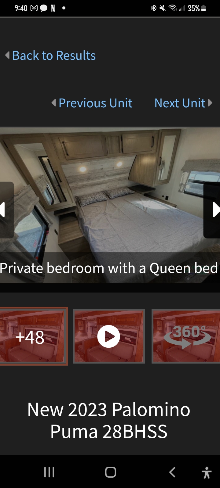 Private Queen bedroom in a New 2023 Palomino Puma 28BHSS rv rental, offering comfort for your journey.. Puma Palomino 28BHSS 2023