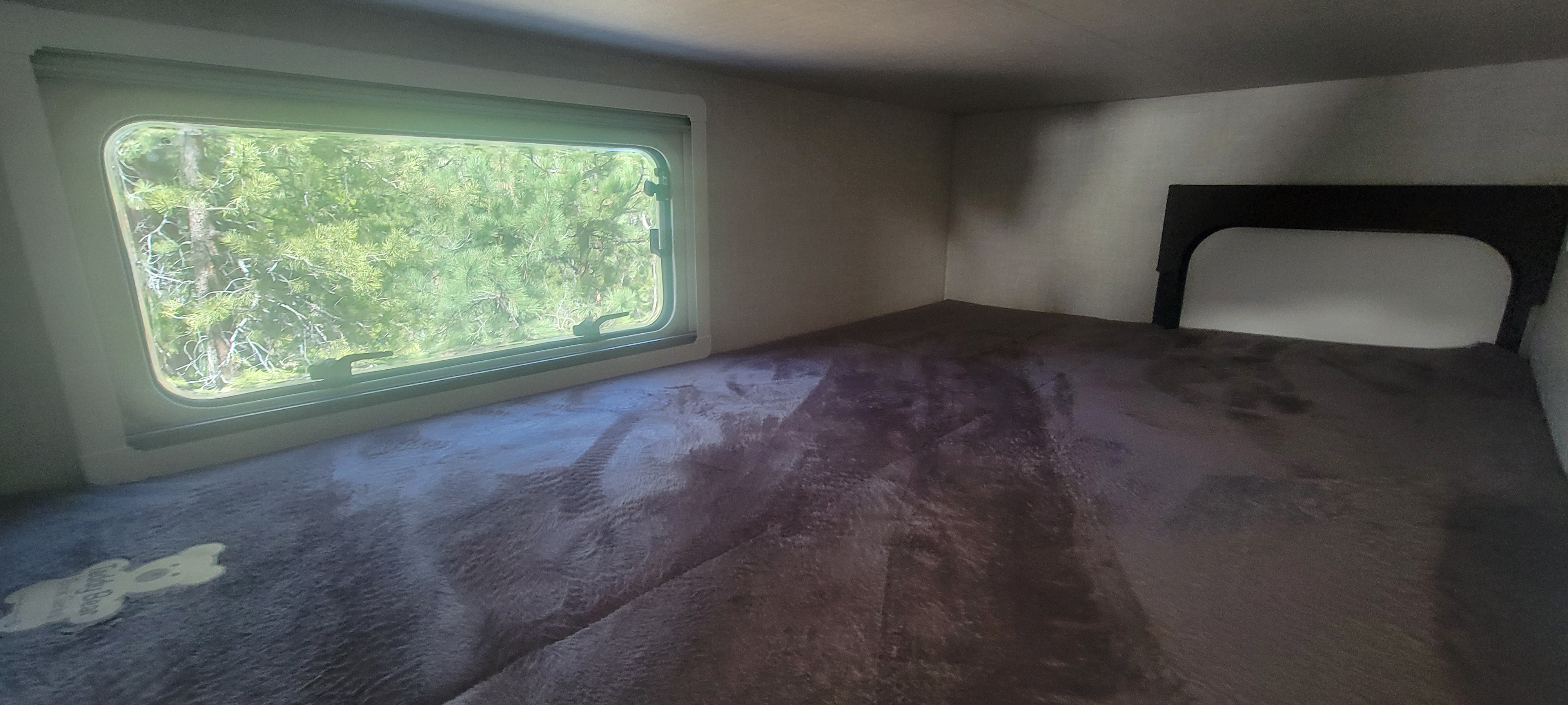 RV rental bunk bed with a plush blanket and a window offering a lush green tree view. Ideal for cozy travels.. Ember Overland 2023