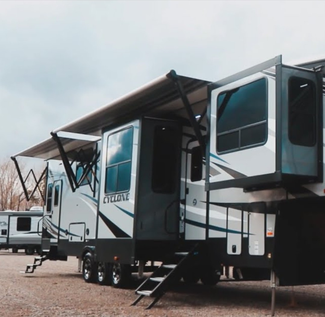 Both beds pulled out. Heartland RVs Cyclone Toy Hauler 2021
