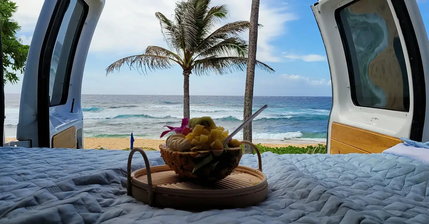 RV rental bed with tropical fruit in a pineapple bowl, overlooking a vibrant beach and ocean through open rear doors.. Ford E250 2009