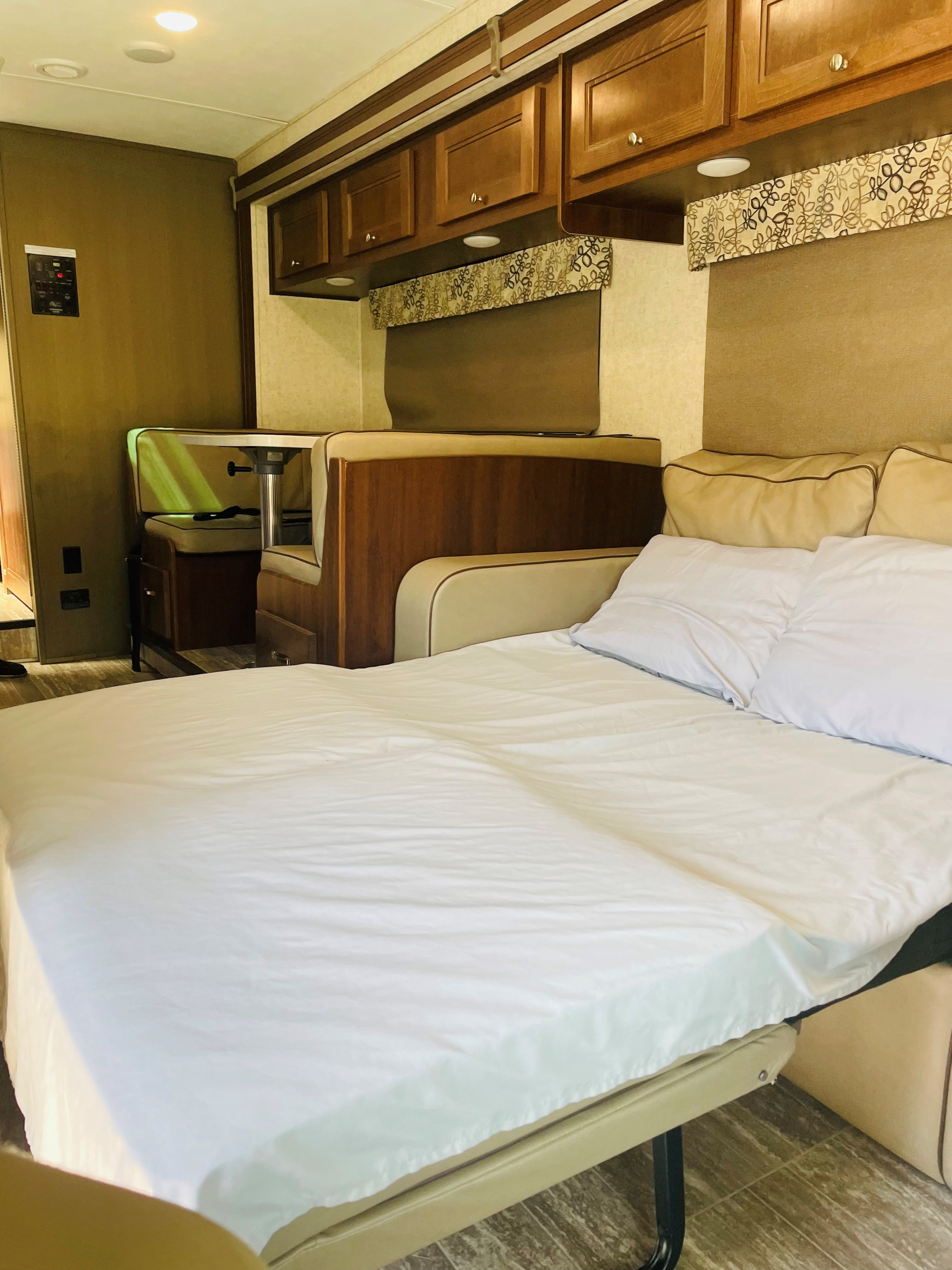 RV rental interior with sofa-bed, dinette, and wood-look cabinets for cozy mobile living.. Forester Forester Motorhome 2020