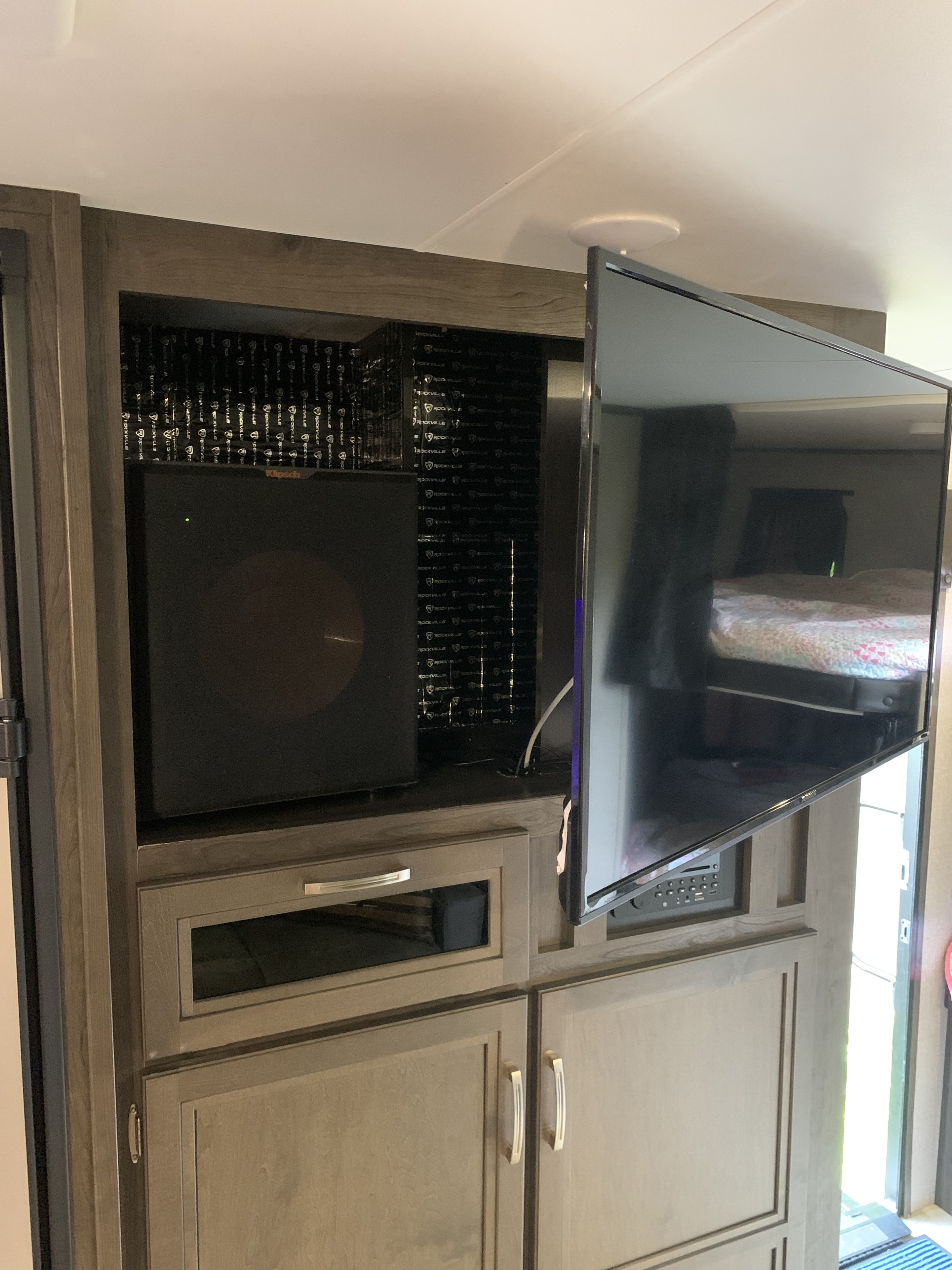 RV rental: Entertainment system featuring Klipsch subwoofer, Rockville soundproofing, & swiveling TV.. Jayco Jay Flight SLX Rocky Mountain Edition 2020