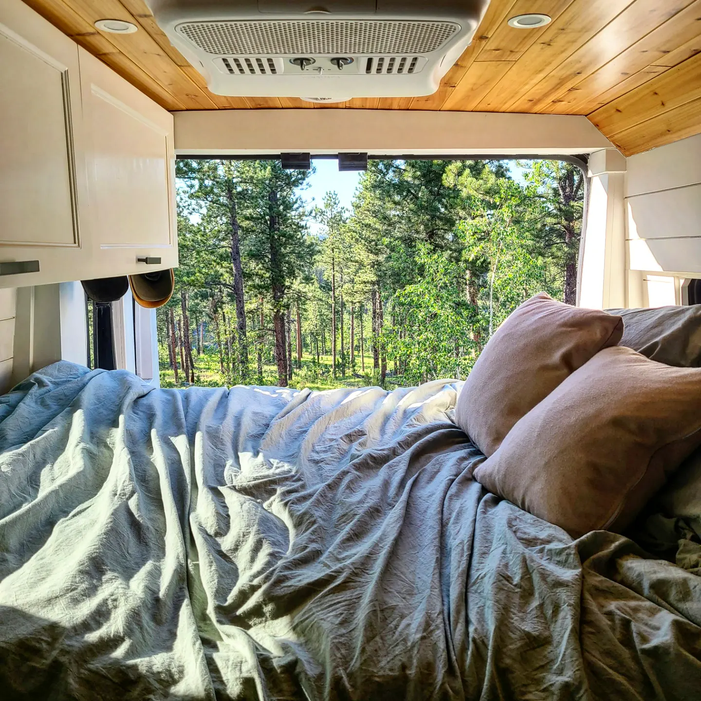 Inside an RV rental: a comfy bed faces a large window revealing a vibrant forest view. Relaxing nature escape.. Dodge RAM 3500 Promaster 159" Extended 2019