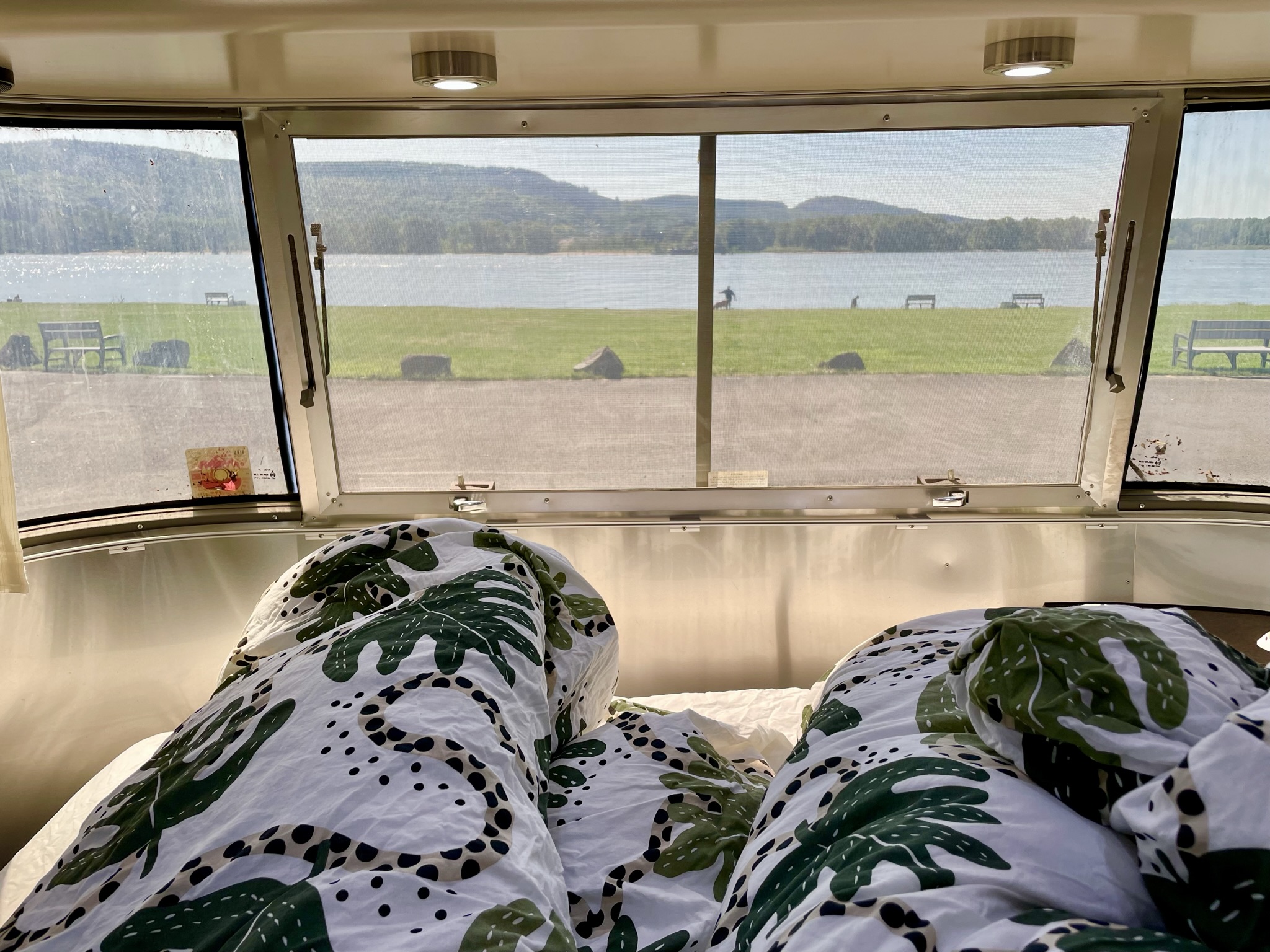 View from an RV rental bed: White duvet with green/black leaf pattern, looking out to a lake, mountains, and grass.. Airstream International 2015