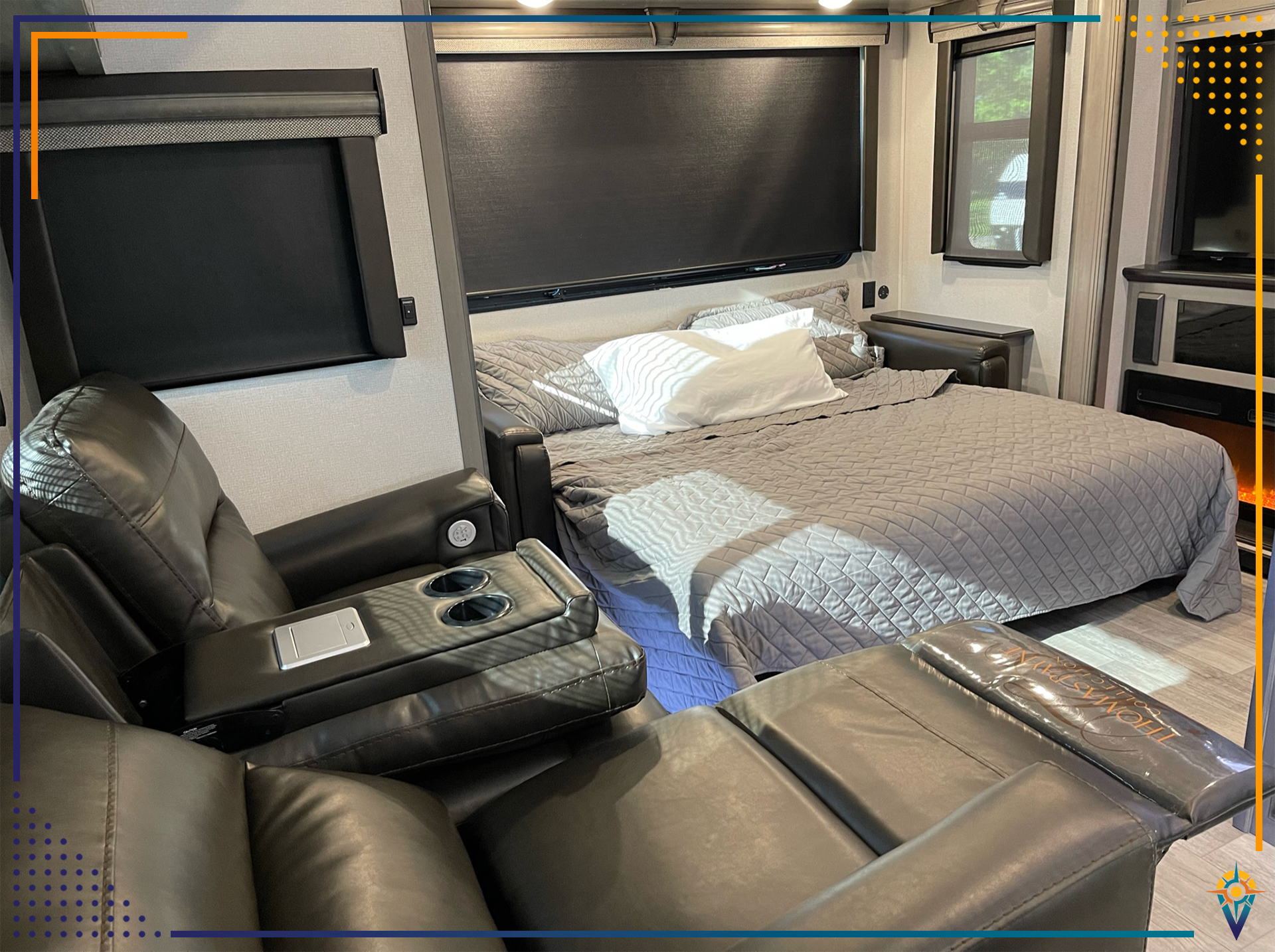 RV rental interior: comfy recliners, queen bed, and entertainment. Your home on wheels awaits your adventure.. Keystone Montana 2021