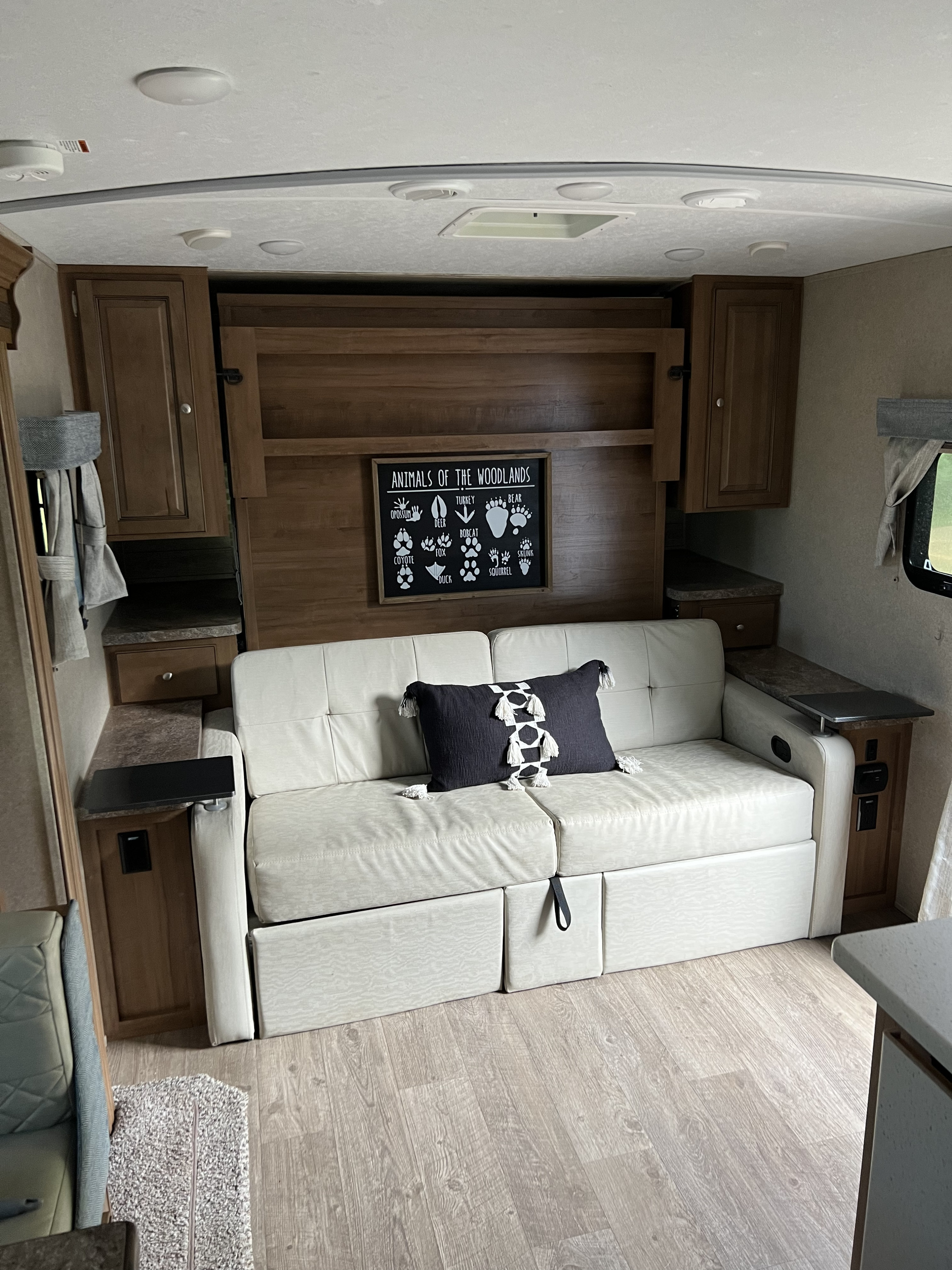 Cozy RV rental living area with a convertible sofa, pull-down bed, wood cabinets, and animal print decor.. Forest River Rockwood Mini Lite 2019