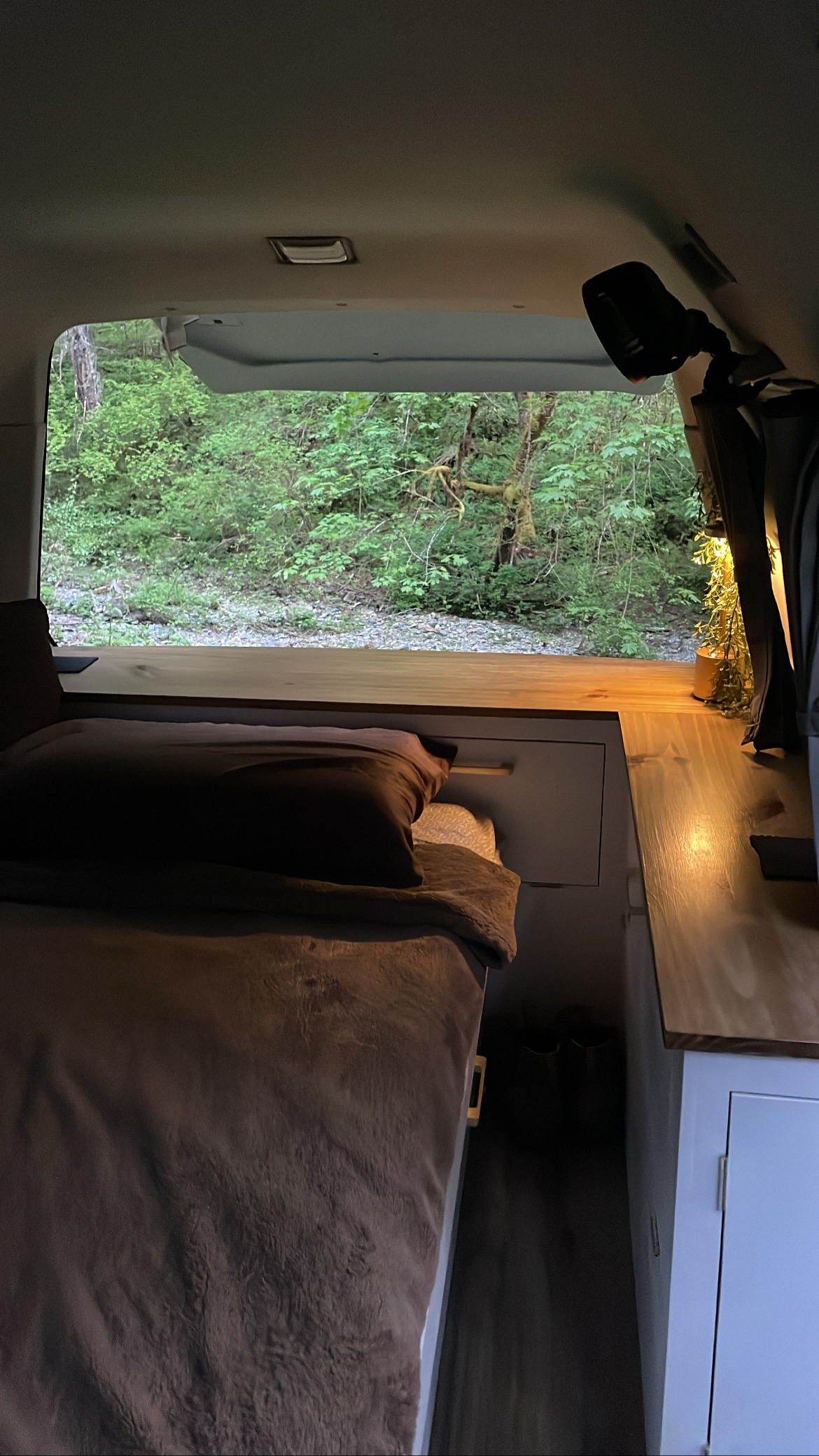 Inside an RV rental: a plush bed offers forest views through a back window, creating a serene, dimly lit retreat.. Mitsubishi Delica 1999