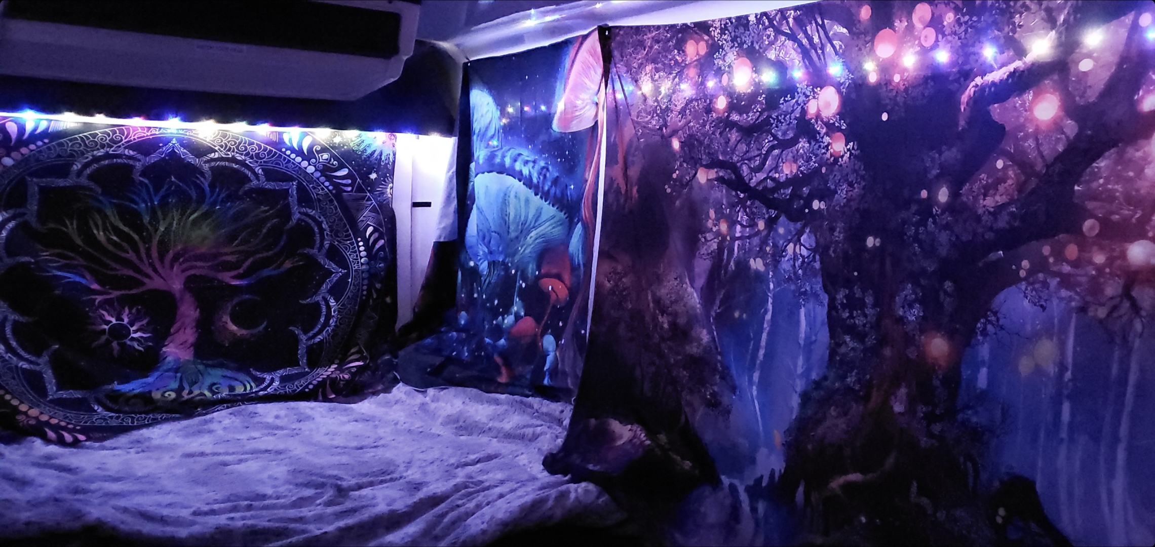 Cozy & magical RV rental interior with vibrant fantasy tapestries, glowing lights, and a plush bed, perfect for unique adventures.. Ford E450 2000