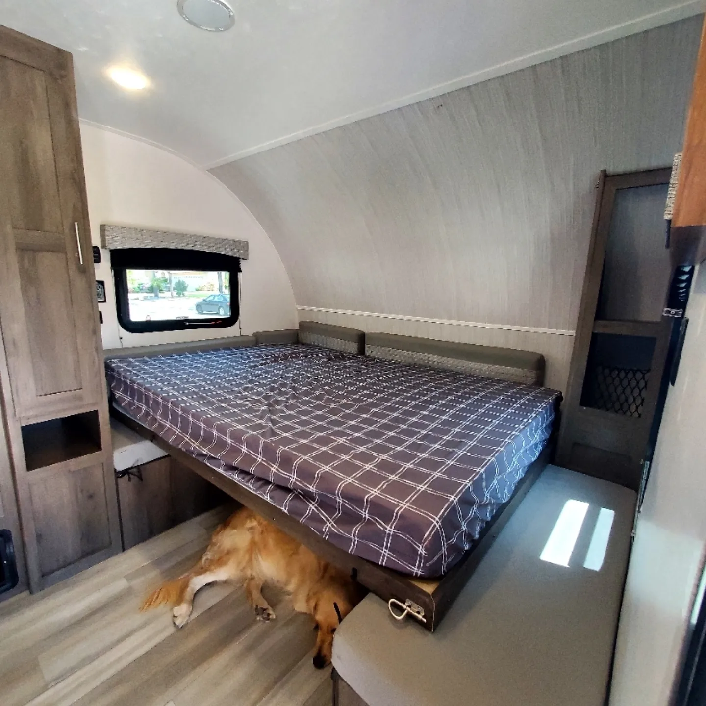 An RV rental interior shows a plaid-covered bed and a golden retriever dog resting underneath.. Clipper Ultra Lite 2022