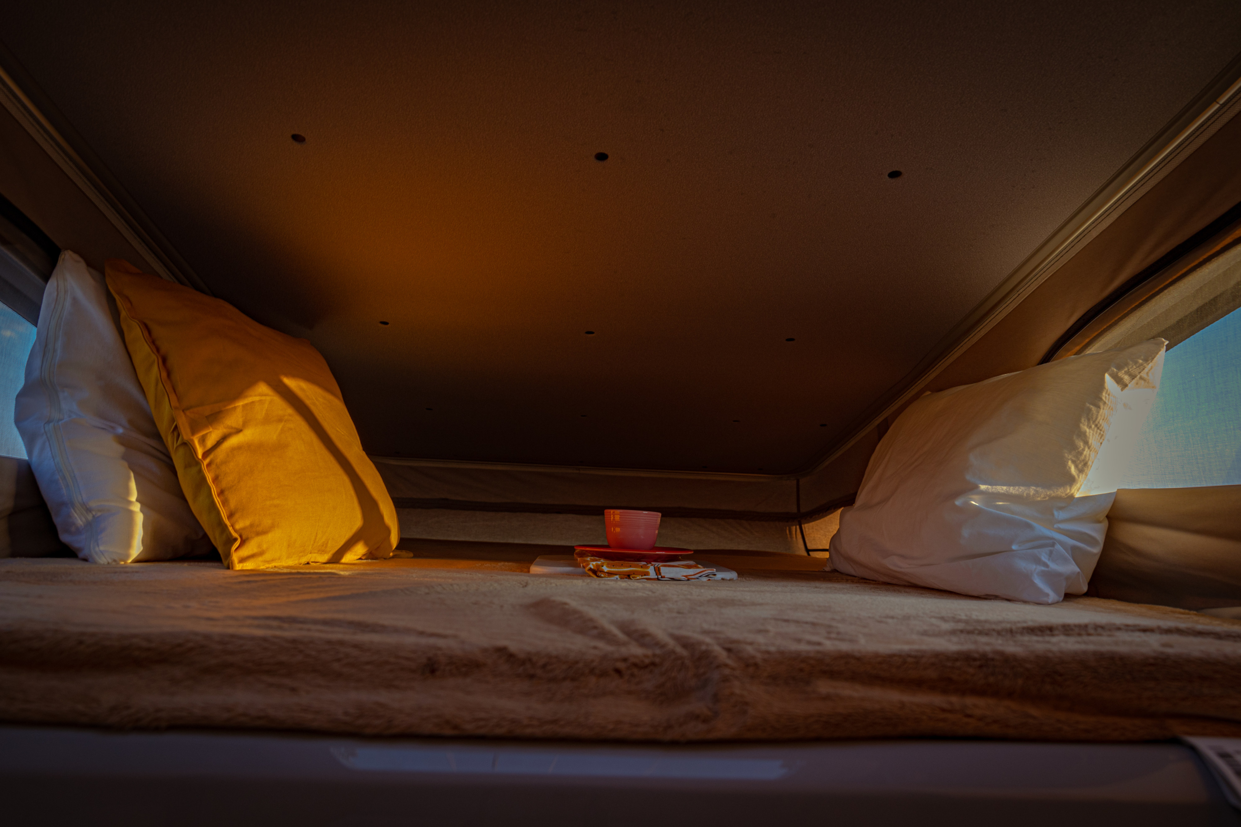 Enjoy a cozy camper bed in your RV rental, complete with pillows, books, and a cup for relaxing moments on the road.. Thor Rize 2023