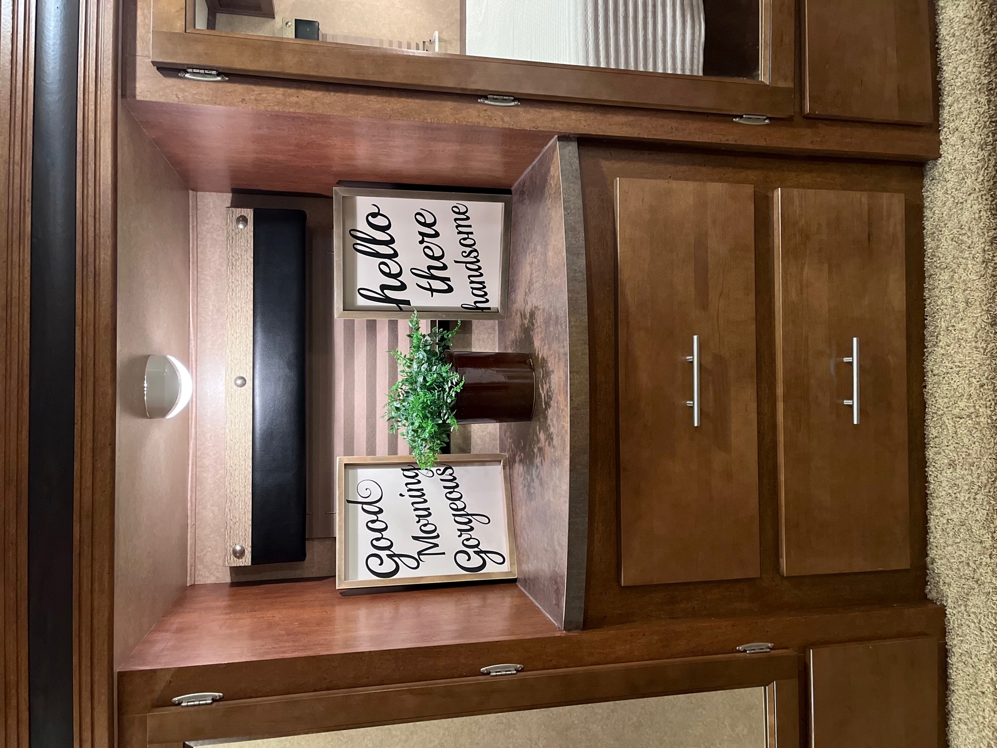 RV rental bedroom: a cozy bedside area with wooden cabinets, decorative signs, and a small plant.. Forest River Xlr Thunrderbolt 2014
