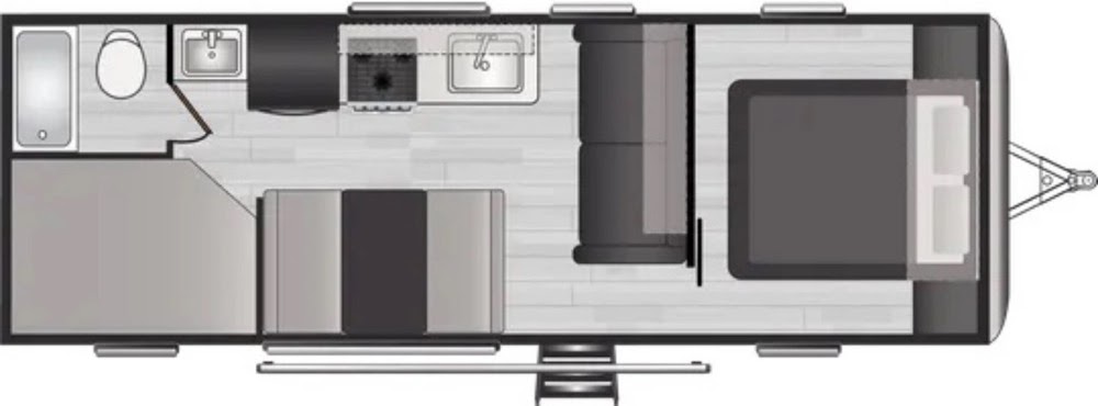 RV rental floor plan: A practical travel trailer layout featuring kitchen, full bath, master bedroom & rear bunks.. Keystone RV Springdale 2022