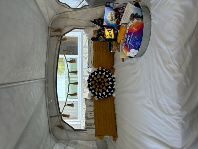 Experience a luxurious RV rental stay! This cozy interior features a plush bed, stylish pillows, and a tray of delicious s'mores.. Coleman Frontier 1993