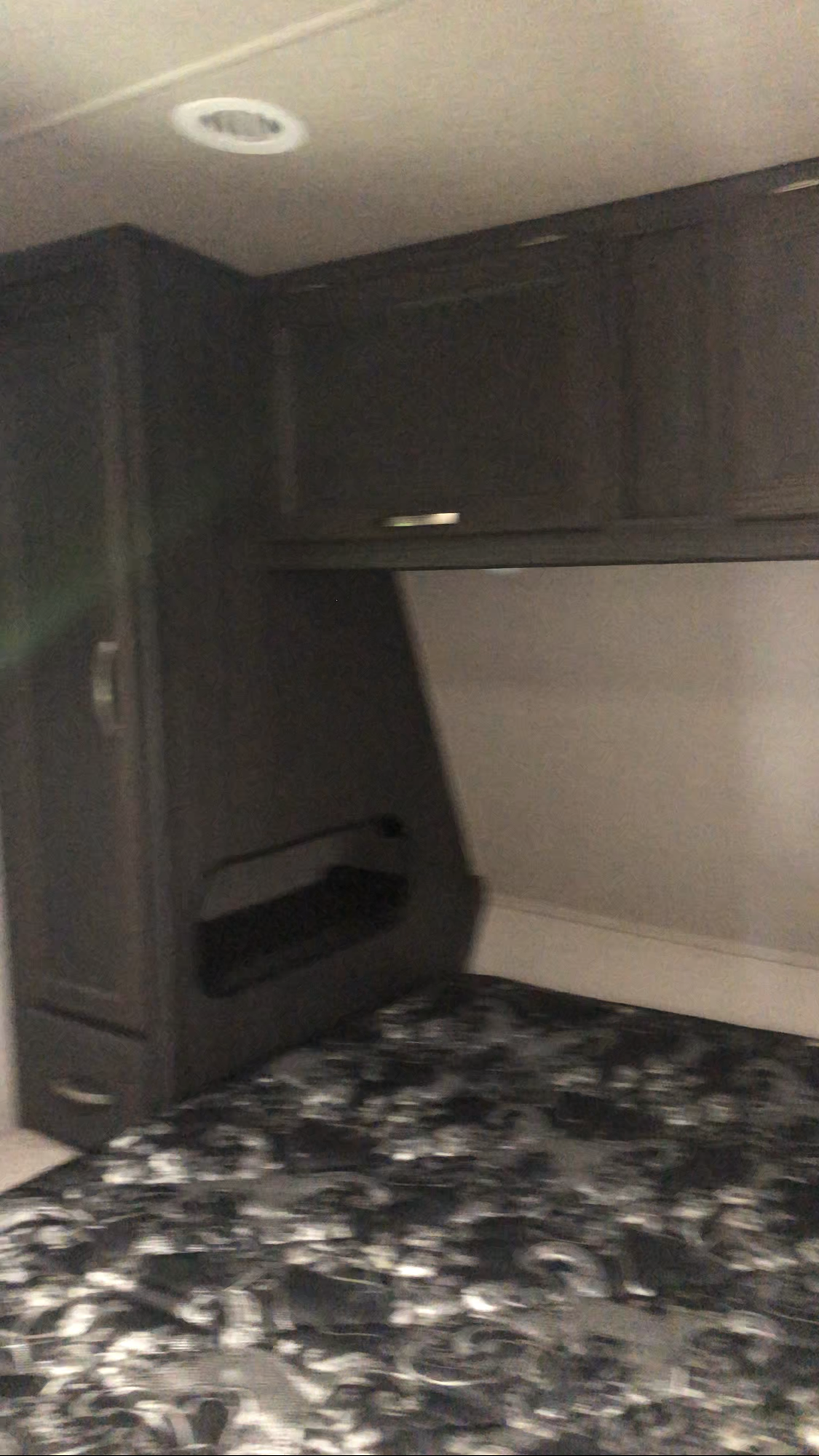 RV rental bedroom interior featuring a patterned bed, dark cabinets, overhead storage, and a ceiling light.. Genesis Supreme Rv Genesis Supreme 2019