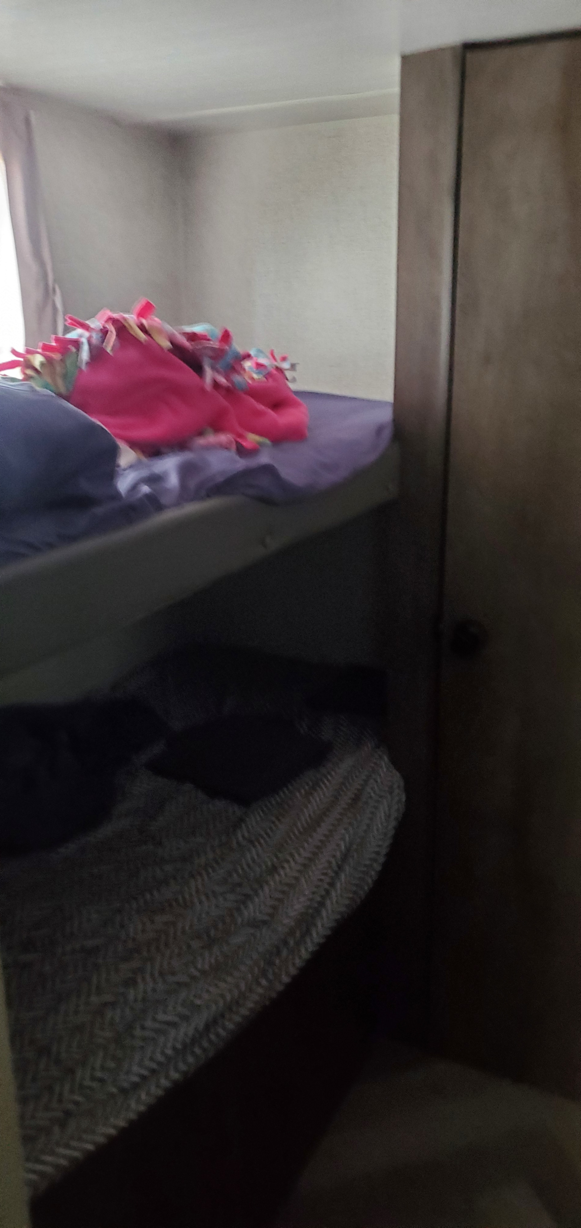 Cozy RV rental bunk beds: top with purple sheet & pink blanket; bottom with dark patterned blanket. Compact sleeping area.. Forest River Salem Cruise Lite 2021