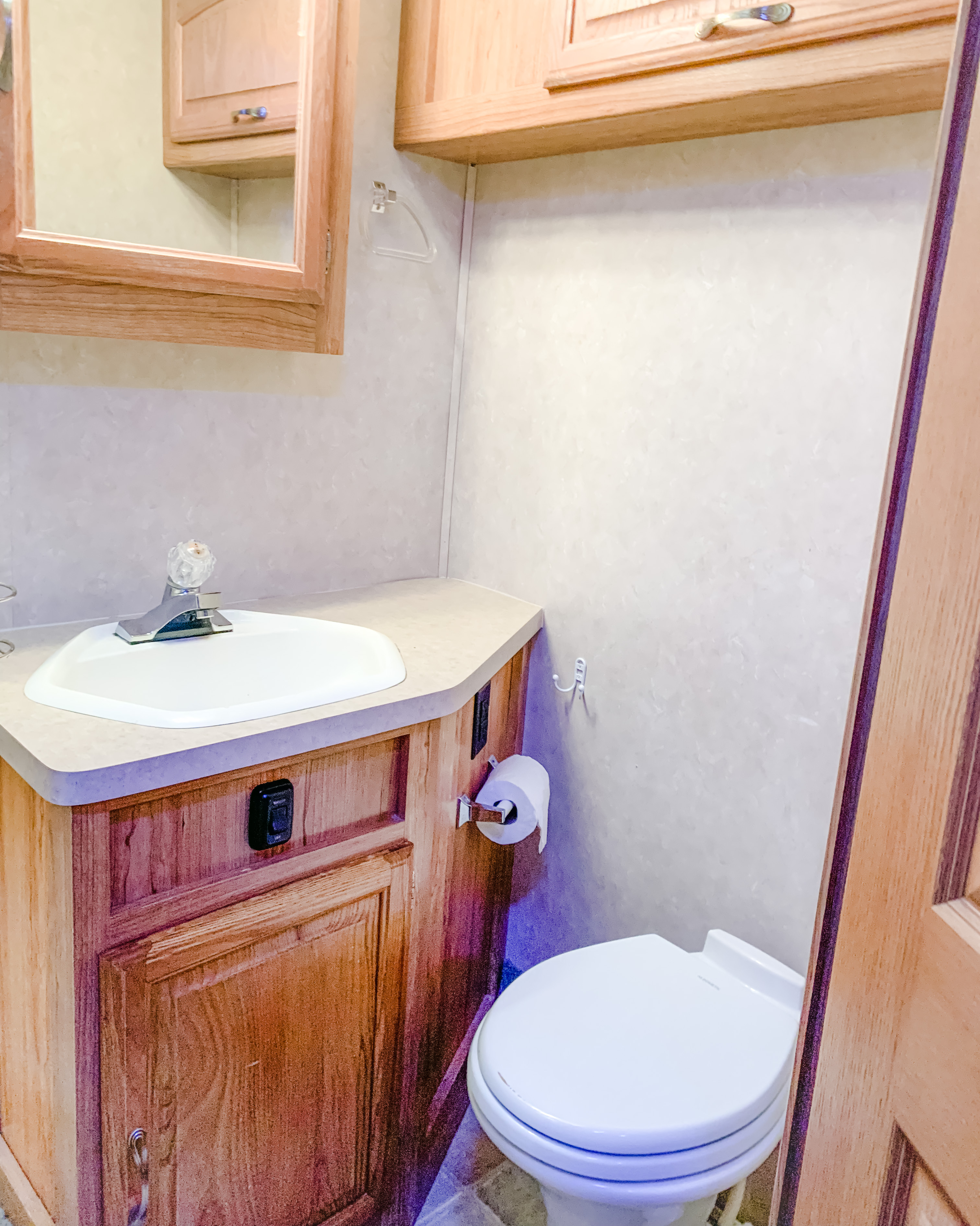 Storage above toilet, mirror opens, under sink & next to toilet. . Georgie Boy Pursuit 2004