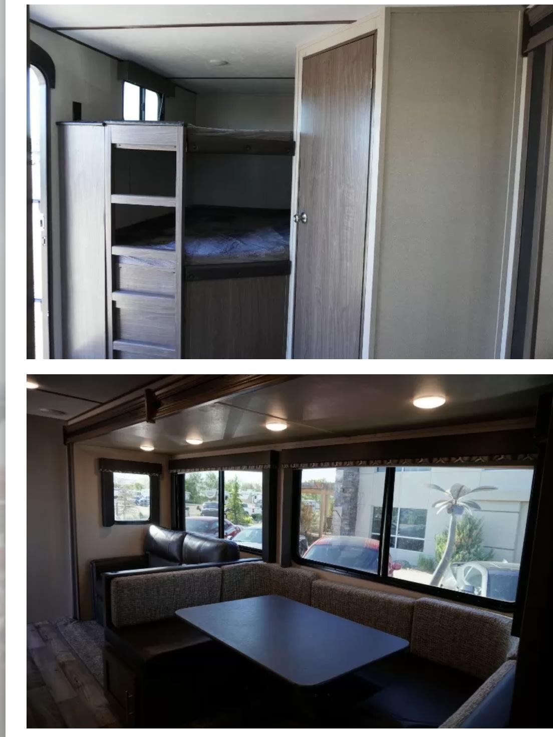 RV rental interior: bunk beds, U-shaped dinette, sofa. Offers bright, comfortable living space for your adventures.. Keystone RV Hideout 2019