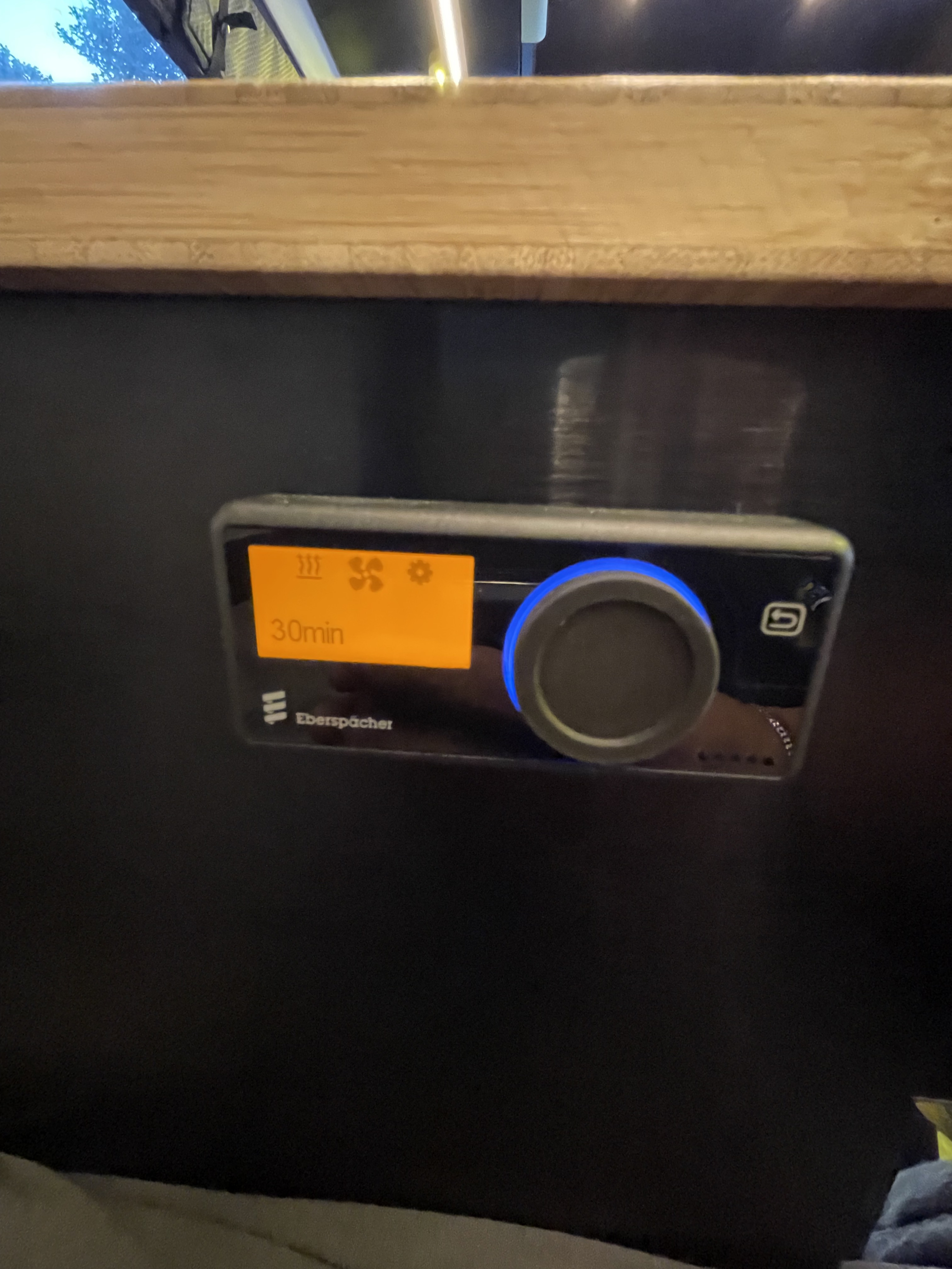 Eberspächer control panel in an RV rental, set to a 30min heater/fan timer for climate comfort.. Mercedes-Benz Sprinter RV Motorhome Campervan 2020