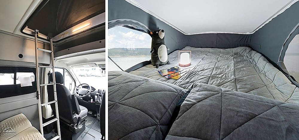 Explore this rv rental: access a cozy pop-top loft bed via ladder, offering great views from above the driver's cab.. Winnebago Solis 2023